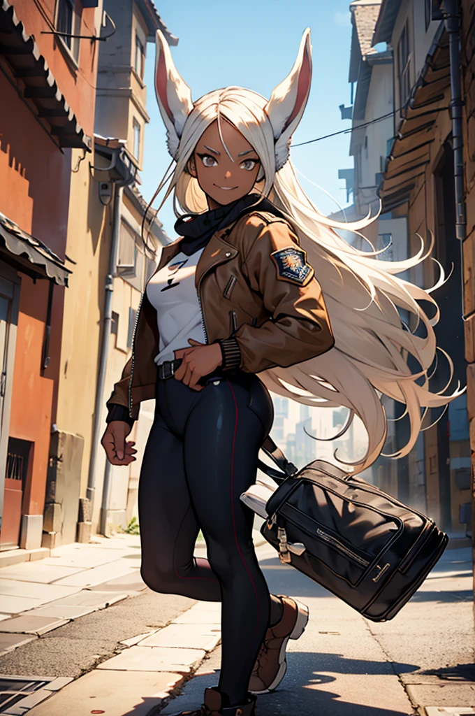 beautiful young female warrior fighter with rabbit ears on her head, com rosto bem detalhado e bonito, belos olhos, belos olhos, rosto lindo, beautiful young woman wearing long brown leggings with black details, usando mini saia curta, usando jaqueta de couro preta, standing in a castle, usando bota preta, cabelo comprido com franja preto, ,orelhas de gato, belo sorriso, tomboy, um pouco musculosa,suter branco com cinta em volta, olhar serio,usando jaqueta de couro preto, com ombreiras de prata nos ombros, leather jacket