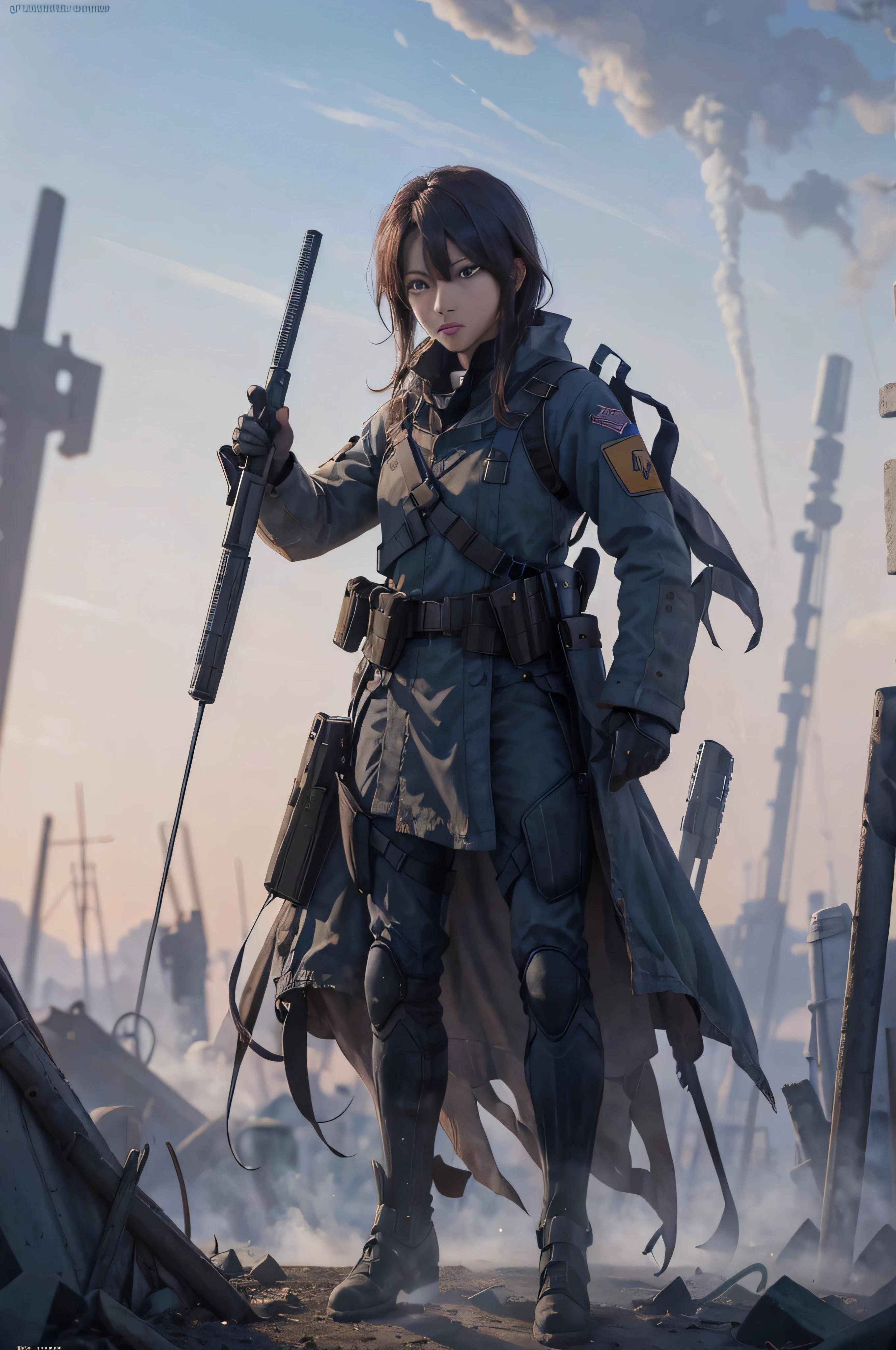 RAW image quality、8K分辨率、Ultra-high-definition CG images、Star 15 Mod、（​masterpiece）、（top-quality）、（Best Illustration）、（Best Shadows）、Looking at Viewer、Cowboy Shot、Fiery destroyed city background、Tactical Gear、Tactical Pouch、tactical armor、assault rifle、Holster pistol、（eye brows up：1.Ortraat、