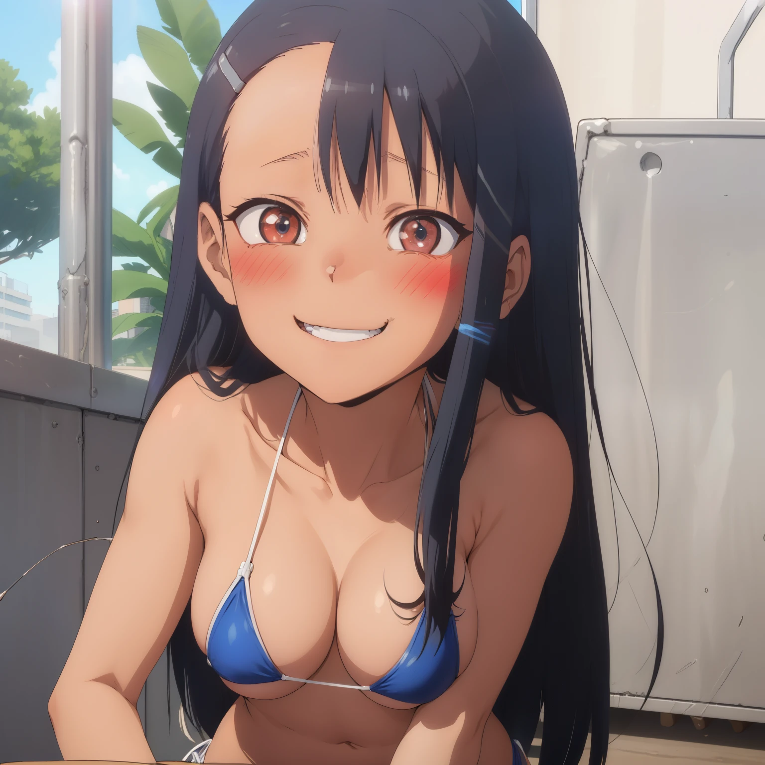nagatoro hayase, saia azul, decote, seios pequenos,((micro bikini)) (de baixo:1.2), curvado, sorriso, blush, melhor qualidade, obra-prima, perfect lighting, (( de costas)),