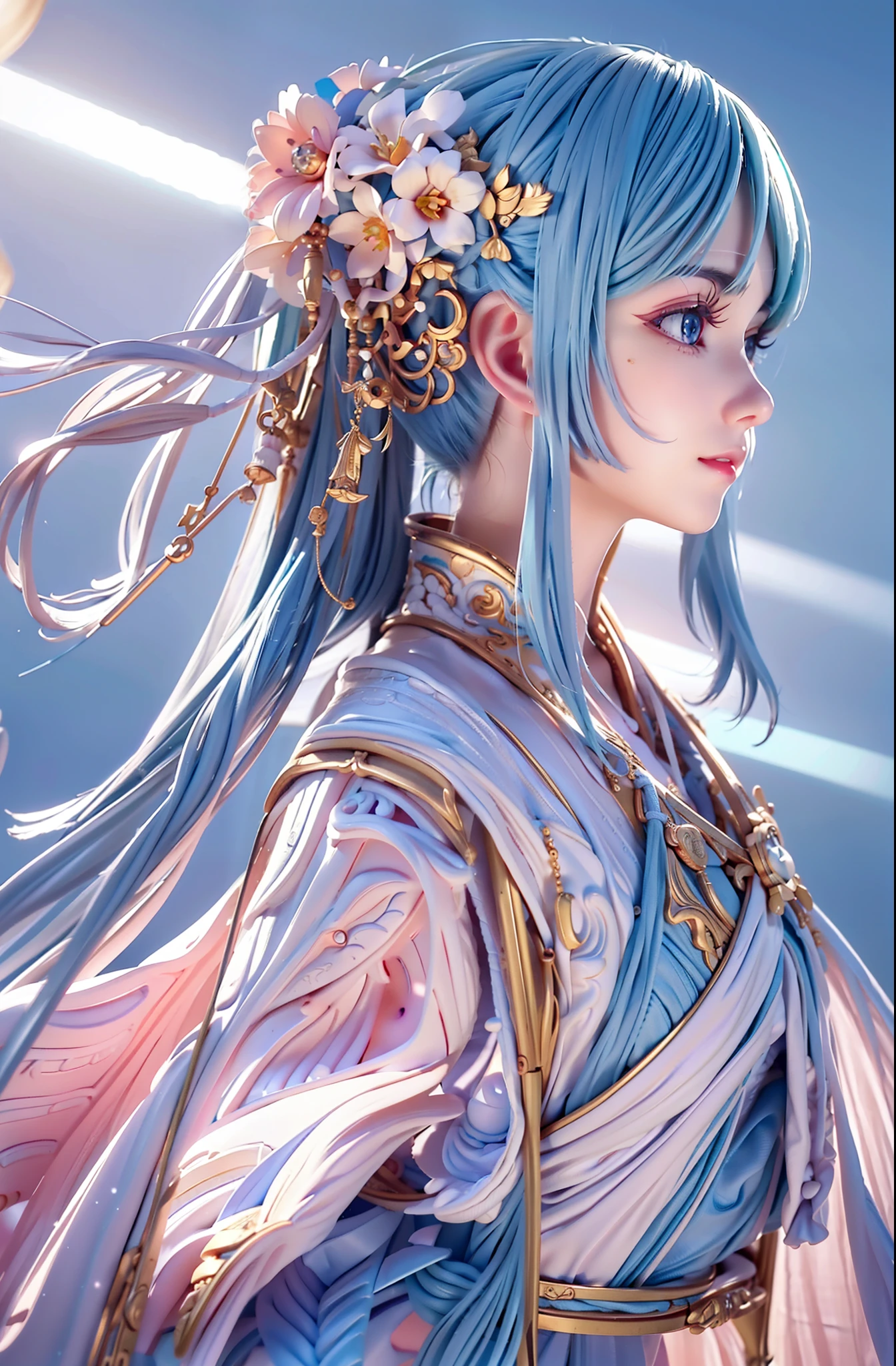 Oriental updo hairstyle, ancient Eastern artifacts, cute and beautiful blue-eyed girl in a spaceship and spaceship, wearing clothing with sacred geometric symbols, in Earth's orbit, northern lights, super realistic soft sunlight illumination, smooth and soft skin, piercing gaze, intricately beautiful pink, white, and soft blue hair, soft pink lips, symmetrical face, anime big blue eyes, soft lighting, gentle shy smile, lovely smile, looking at the camera, extremely detailed with anti-glare eye protection, soft light from behind, sacred geometries and geometric symbols on the face, stars, sky, sacred geometry, light language rescue background, neon lights, (lightbox) 68% red: 41% blue: 37% green: 37% film grain _ minimal, texture: +25%, clarity: +40%, contrast: +15%, shadow: +11%, sharpen: 100%