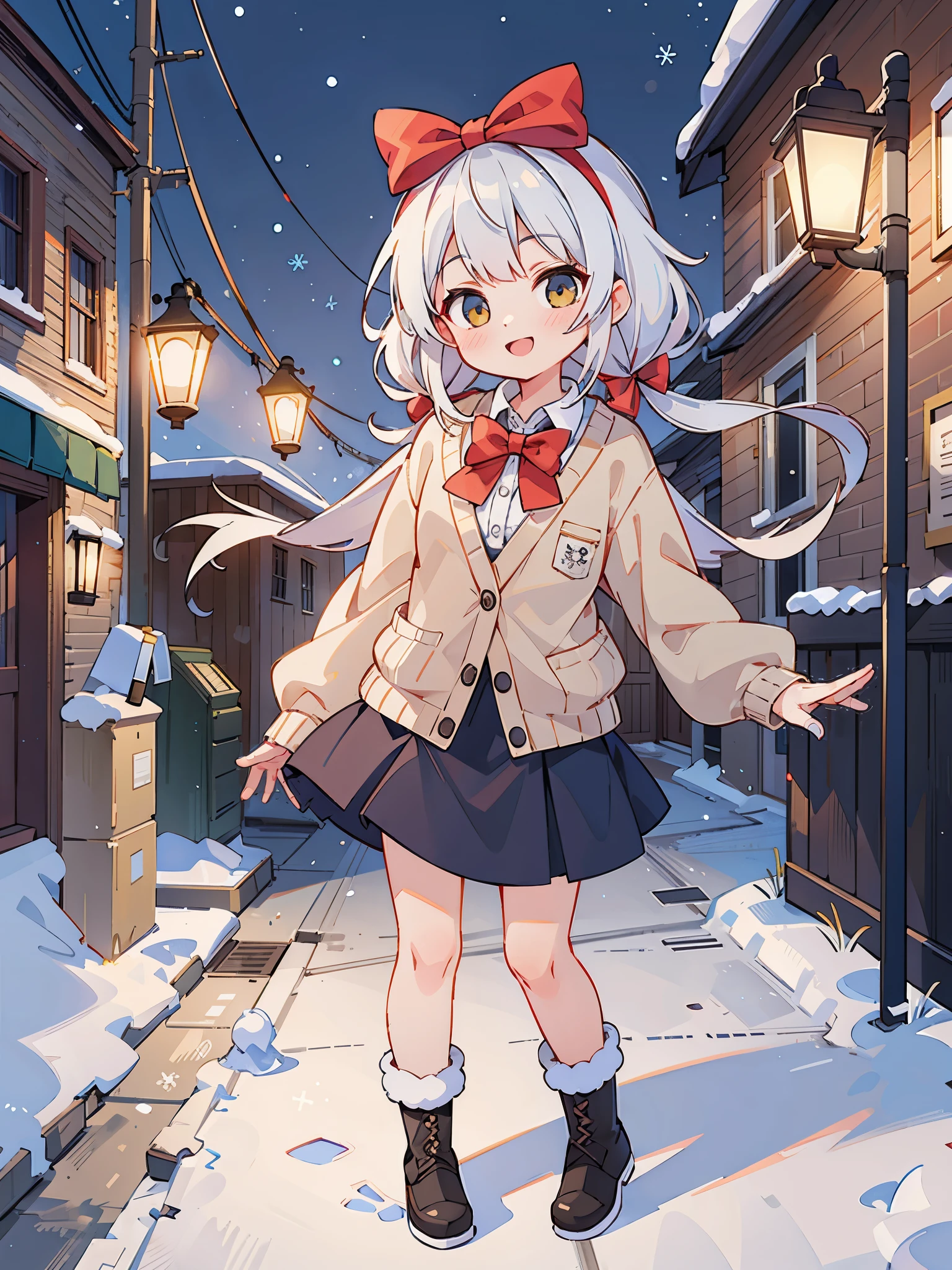 (masterpiece:1.2), best quality, highres, original, (extremely detailed:1.2), ultra-detailed, wallpaper, perfect lighting,(extremely detailed CG:1.2), 8k, anime illustration, 1girl, solo, smiling, (winter outfit:1.2), standing on the street, (knit cardigan:1.1), (bowknot on cardigan:1.25), knee-length skirt, (Ruffled hemline:1.3), winter boots, {delicate|detailed}clothes, (anatomically correct:1.34), close-up, full-body, looking at viewer, frontal, snowy street, (streetlight:1.17), city background, night, unity 4k