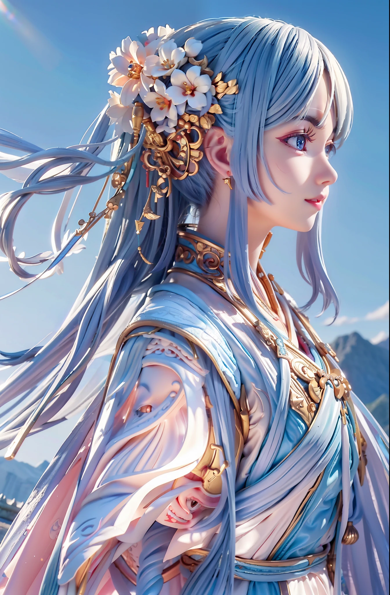 Oriental updo hairstyle, ancient Eastern artifacts, cute and beautiful blue-eyed girl in a spaceship and spaceship, wearing clothing with sacred geometric symbols, in Earth's orbit, northern lights, super realistic soft sunlight illumination, smooth and soft skin, piercing gaze, intricately beautiful pink, white, and soft blue hair, soft pink lips, symmetrical face, anime big blue eyes, soft lighting, gentle shy smile, lovely smile, looking at the camera, extremely detailed with anti-glare eye protection, soft light from behind, sacred geometries and geometric symbols on the face, stars, sky, sacred geometry, light language rescue background, neon lights, (lightbox) 68% red: 41% blue: 37% green: 37% film grain _ minimal, texture: +25%, clarity: +40%, contrast: +15%, shadow: +11%, sharpen: 100%