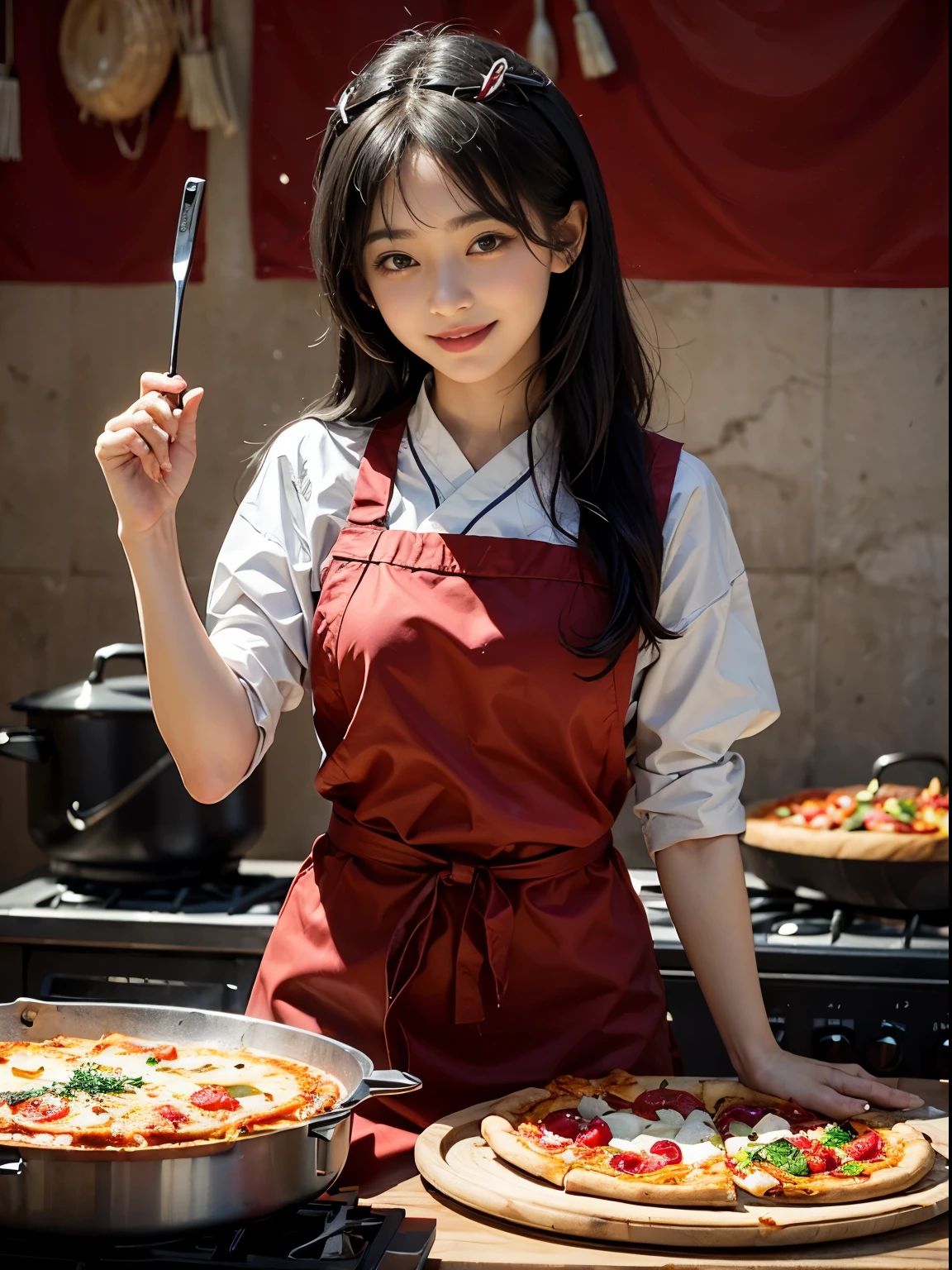 femele、a smile、ren、kawaii、Standing in front of Turkish pizza ingredients、Image of how to start cooking。Turkish flag or Turkish style background