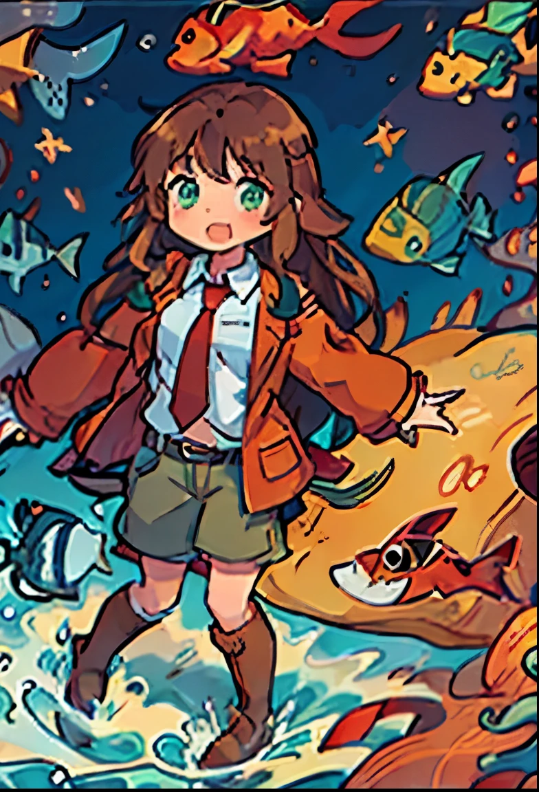 In the sea, many fish, colorful fish, a girl with long hair, long brown hair, brown boots, a green coat, a red tie, a white shirt, red shorts, cute,Shining sea, bright sea, yellow fish