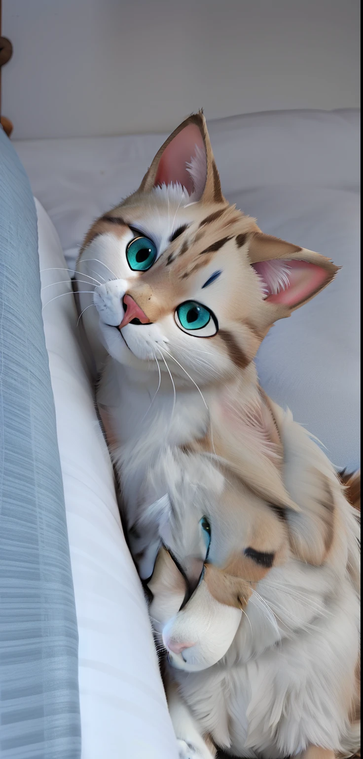 Gato tigrado branco com olho azul deitado na cama