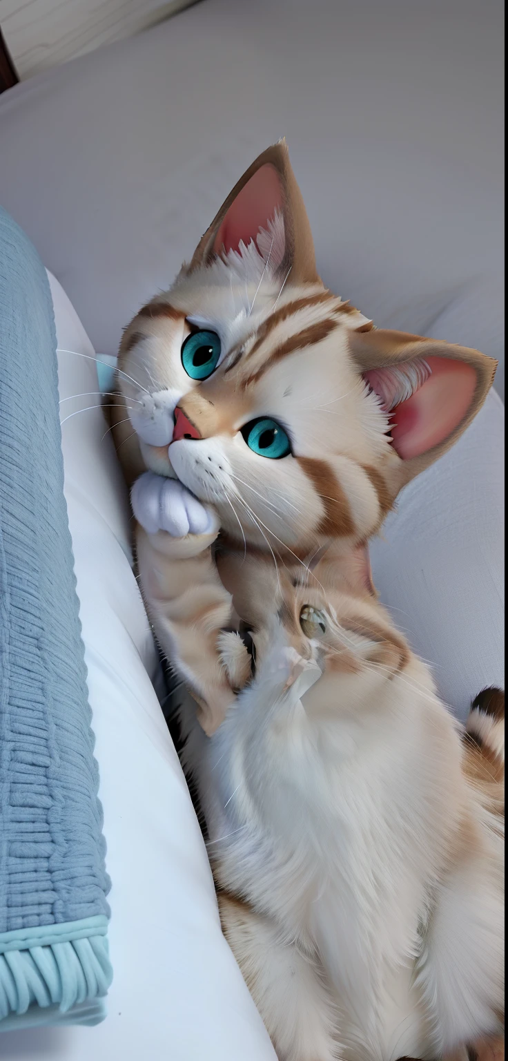 Gato tigrado branco com olho azul deitado na cama