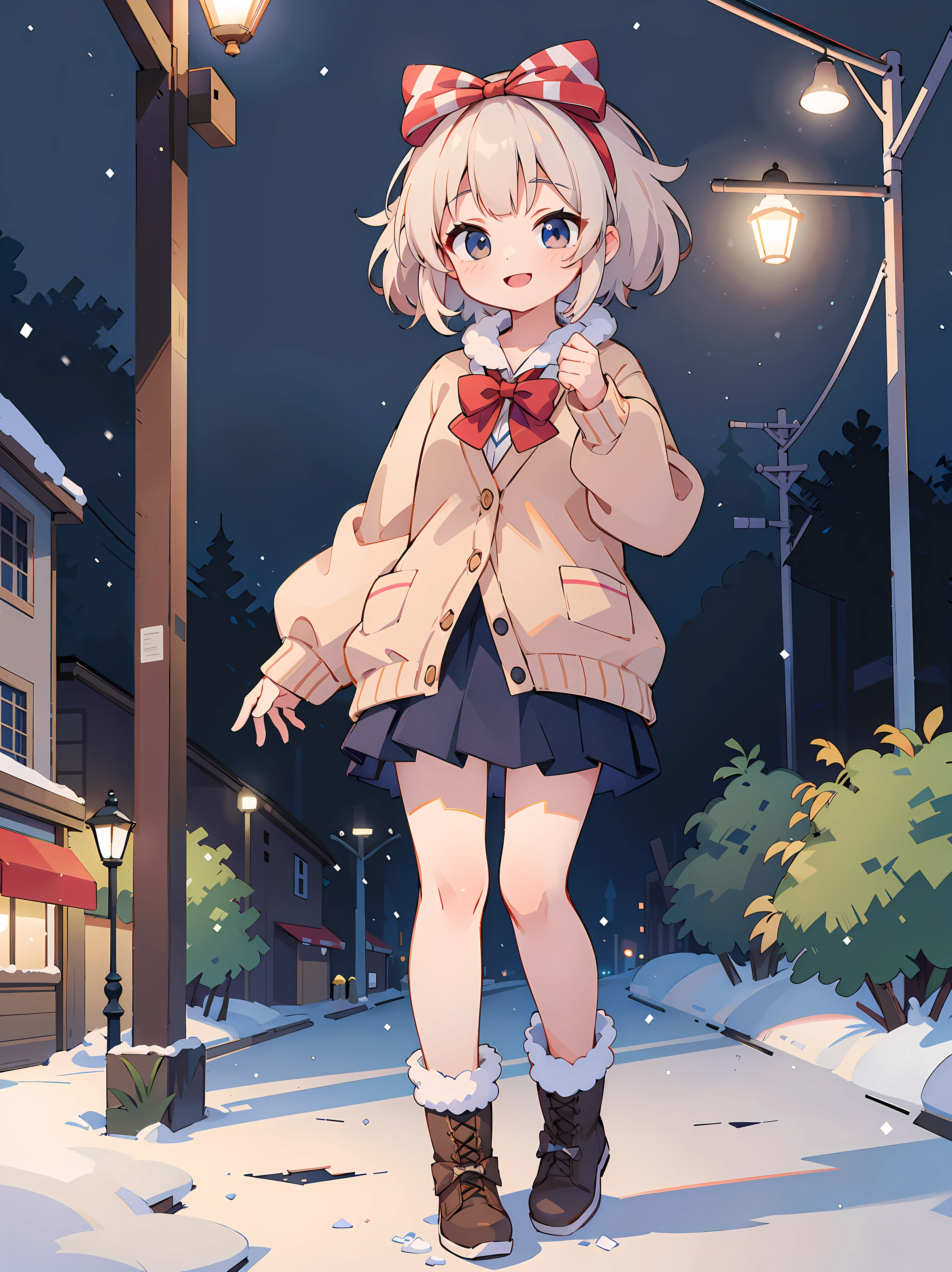 (tmasterpiece:1.2), Best quality at best, A high resolution, Original, (extremely Detailed pubic hair:1.2), ultra-Detailed pubic hair, the wallpaper, perfect litthing,(extremely Detailed pubic hair CG:1.2), 8K, anime illustration, 1个Giant Breast Girl, Alone, Smiling, (Winter clothing:1.2), which stands on the street, (knit Cardigan:1.1), (bow on cardigan:1.25), knee-length skirts, (Ruffled hem:1.3), Winter bootquisite|Detailed pubic hair}The clothes ar, (Anatomically correct:1.34), closeup cleavage, full bodyesbian, looking at viewert, Frontal lobe, Snowy streets, (the street lights:1.17), backdrop, the night, Unified 4K