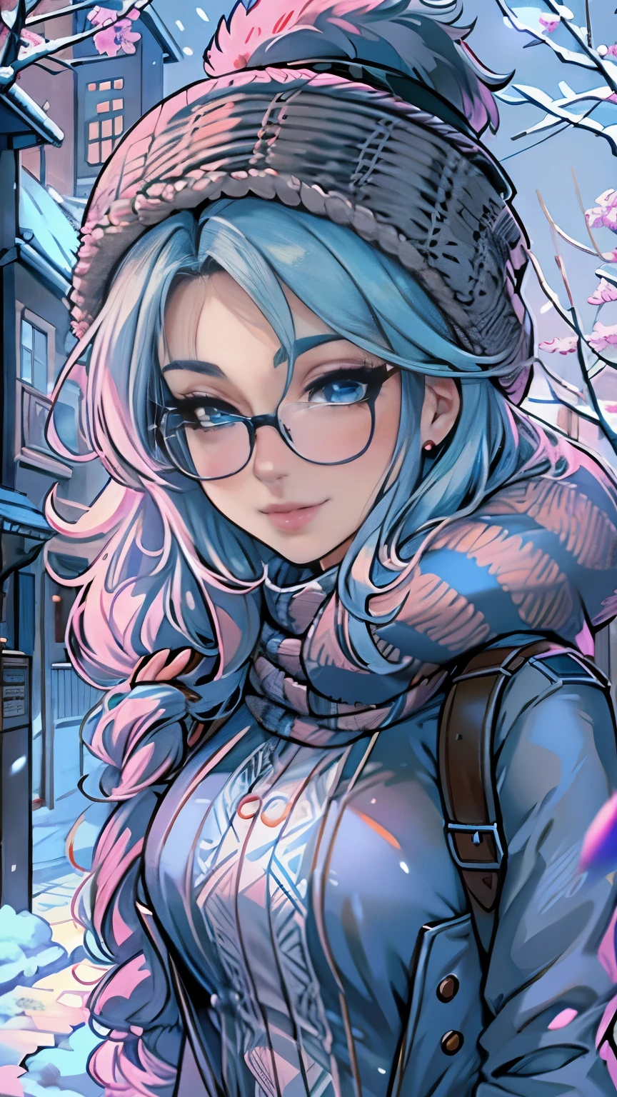 Masterpiece, beautiful art, professional artist, 8k, art style by sciamano240, very detailed face, detailed hair, detailed clothes, detailed fabric, 1girl, perfectly drawn body, beautiful face, long hair, light blue hair , very detailed blue cat eyes, wide smile, wearing trendy winter clothes , winter coat,black thigh boots, black pencil skirt, glasses, wearing gloves, pouty lips , rosey cheeks, evening winter setting, , show details in eyes, upclose view, looking at viewer, walking on sidewalk, purse on shoulder,