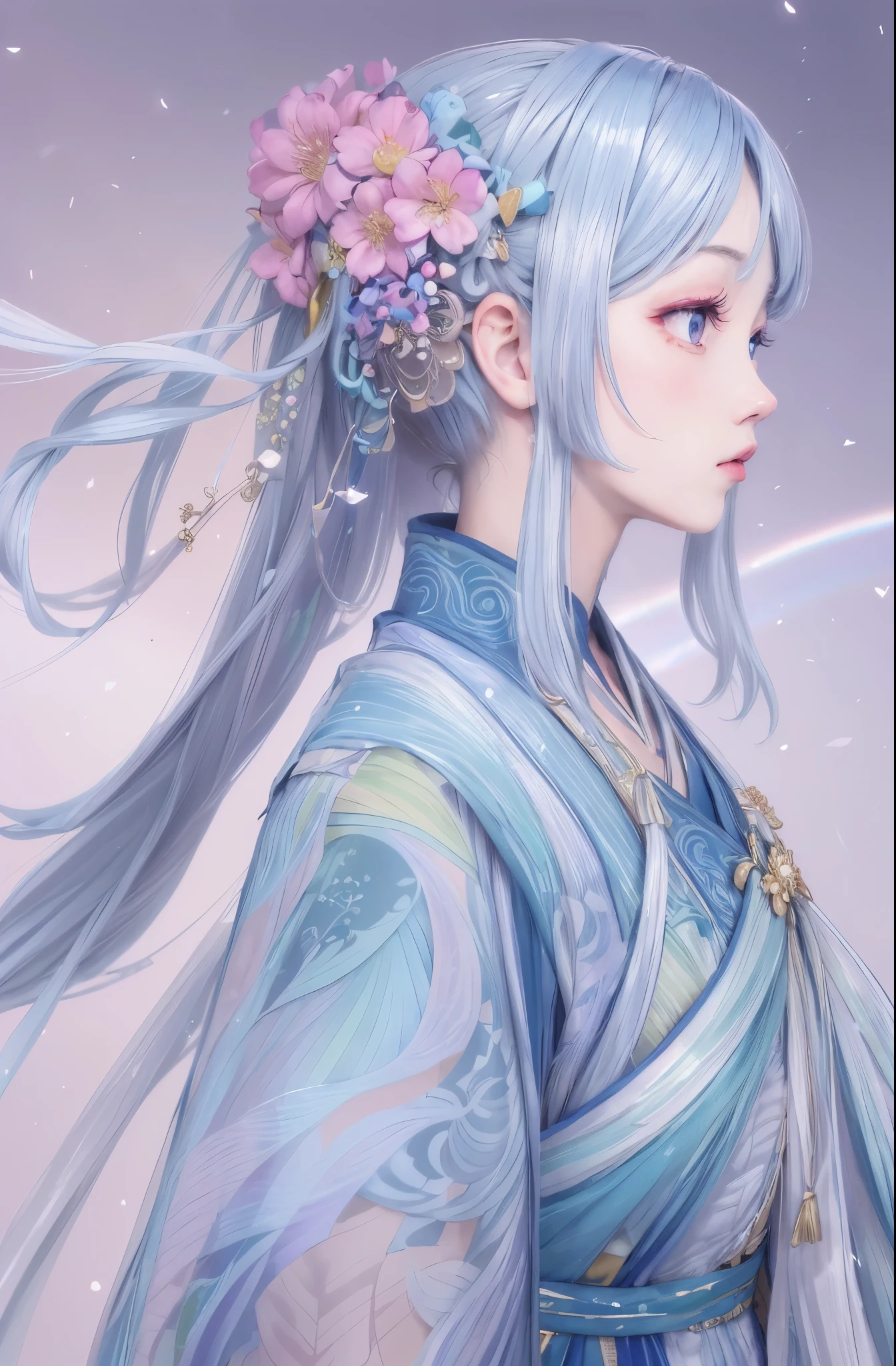 tmasterpiece, Best quality at best, offcial art, 8k wallpaper, The is very detailed,
1 girl, The upper part of the body, 詳細な目, eBlue eyes,
Green gradient Hanfu, Complex filigree, Luxury dresses, dynamicposes,
(Long rainbow-colored hair:1.1), (White hair:1.2), Fluttering, (Braided:0.8) Gradient hair,
east asian architecture, China Street, scenecy, Morning