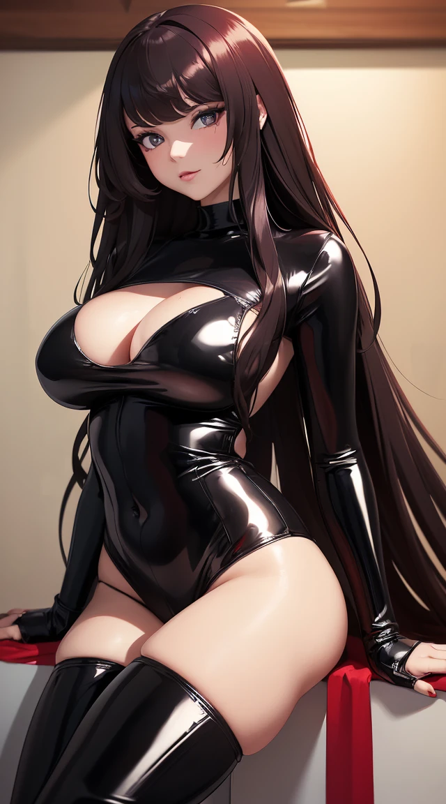 (tmasterpiece, quality, Best quality at best, offcial art, Beautiful and beautiful:1.2)Long hair，Messy hair，Sexy face，banya，Black latex leather jumpsuit，Open navel，show legs，large tities，plumw，The sheen，Be red in the face，