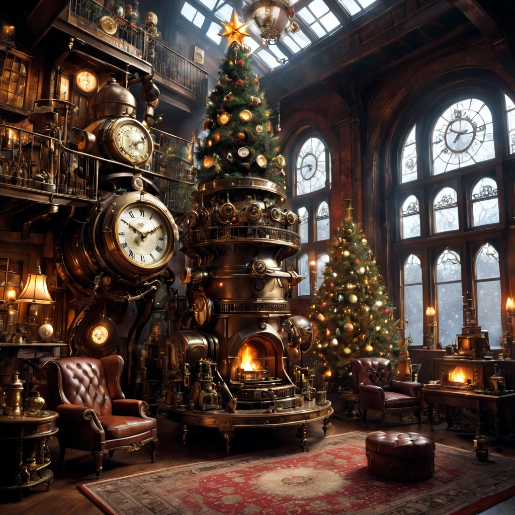 (highres,realistic:1.2),steampunk Christmas living room,ornate wallpaper,vintage furniture and gears,copper and brass decorations,antique clock ticking,fireplace crackling,warm candlelight,richly patterned rugs,bookshelves filled with leather-bound books,elaborate chandeliers casting a warm glow,twinkling gas lamps,plush velvet armchairs and sofas,mechanical contraptions whirring,brass cogs and steam pipes,an imposing Christmas tree adorned with gears and clockwork ornaments,a robotic butler serving tea,distinctive industrial aesthetic with a touch of holiday cheer,vivid colors and contrasts,soft shadows and highlights,subtle steam rising from teacups and pots,glimmering snow falling outside the large windows,stained glass panels capturing the afternoon sunlight,mechanical toys and wind-up soldiers marching,exquisite attention to detail.