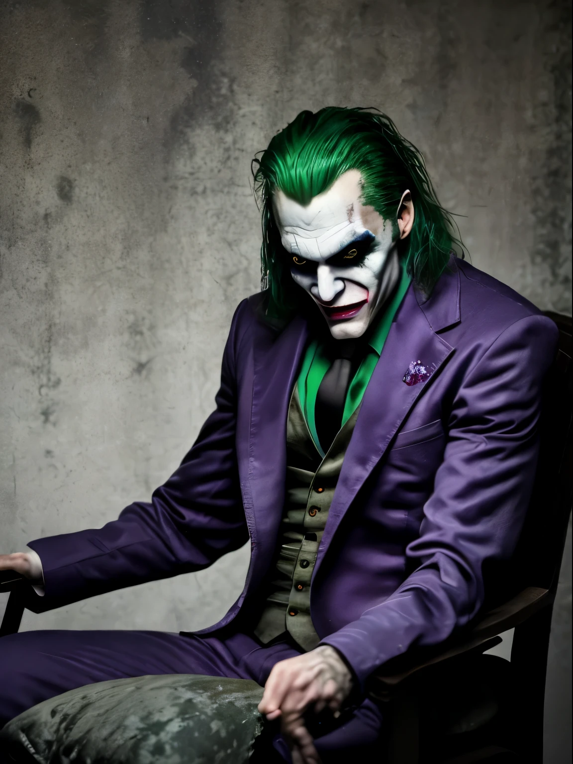 the joker from batman arkham series sitting on a chair in very a dark room barely visible, shadows, looking down, purple suit is worn down, messy long green hair with a couple strands falling in front of his face, hd, masterpiece, best quality, white wall in the back is barely visible, very dark, bruised, suit is worn out and dirty, very dark room, he is looking down, beat up, extremely detailed, photo taken from front, he is looking down, head tilted down