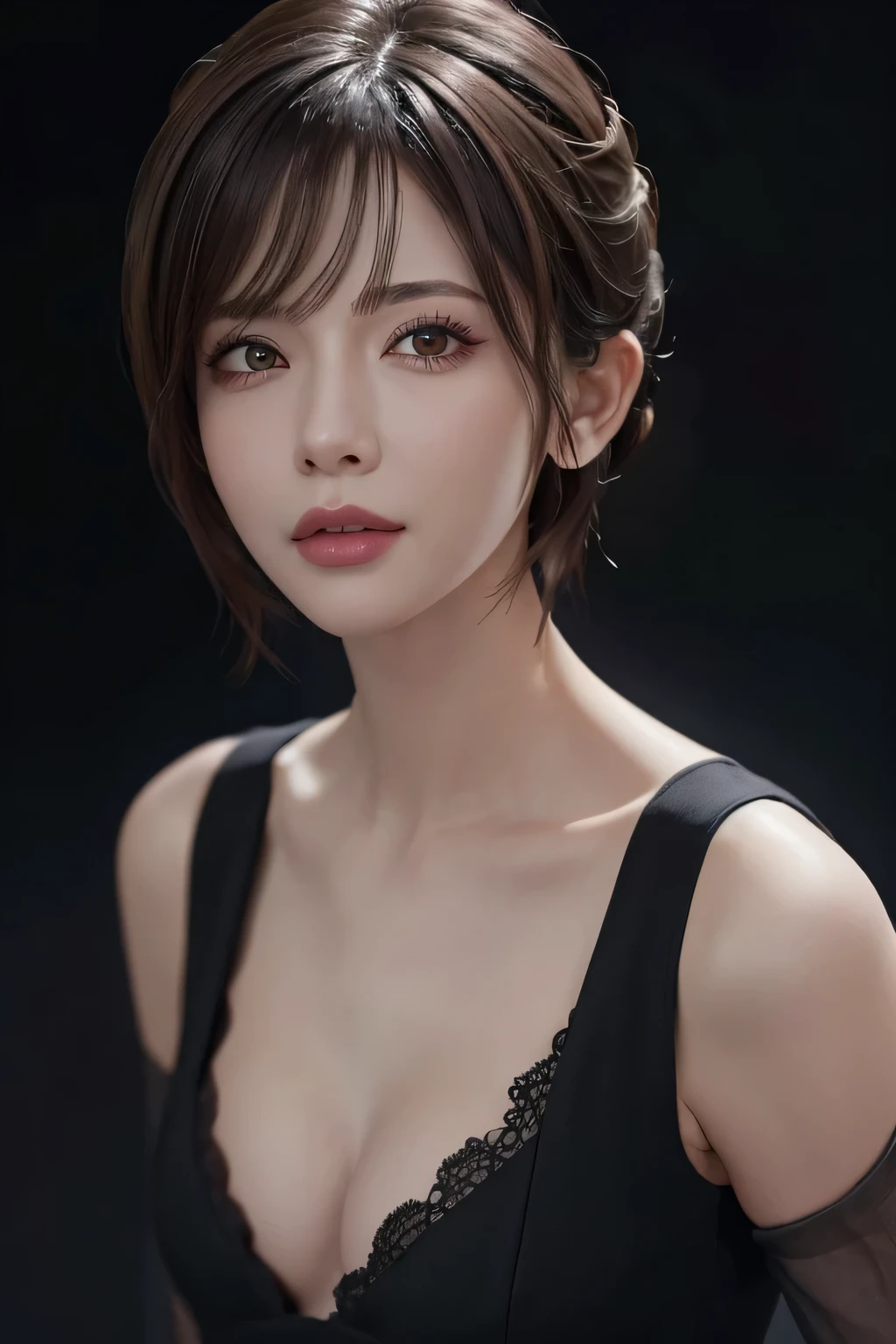 Skin Tight Black Top:1.2, Looking at Viewer, Cinematic lighting, Perfect, softlight, High resolution skin:1.2, Realistic skin texture, 30 years old mature woman、a small face、no-makeup、, off shoulders,Bust B Cup、 Exposed cleavage, Red Eyes, Short hair, dark brown hair、fullnude、Gray background、