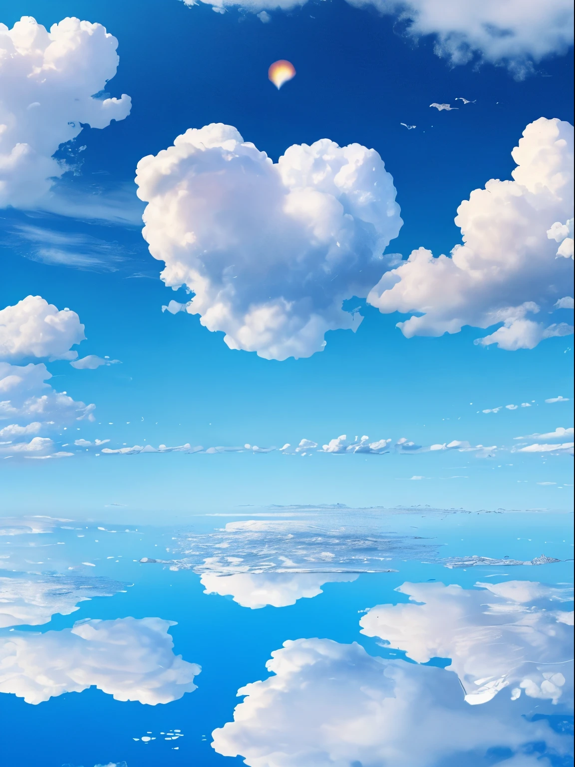 Cloud of Hearts , landscapes , mare, blue-sky , Rainbow clouds , masterpiece, top-quality, (extremely detailed CG unified 8k wallpaper) (top-quality), (The best illustrative colors)、Super Meticulous, blue-sky、Variety of clouds、Wonderfully beautiful、nostalgic、Reflection of the Sun、Natural colors、Scenic、Summer sky、Make blue the basis