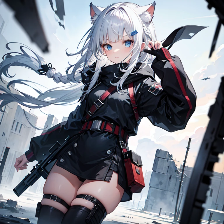 masterpiece, best quality, 1girl, hood up, cat-ear hood, white hair, blue eyes, {{long twin braid}}, {blunt bangs}, shignon, military black wear, apocalyptic world, ruined city, wilderness, high ground, wind, blue gerbera hair accessory, head shot, hold a assault rifle, dynamic angle,