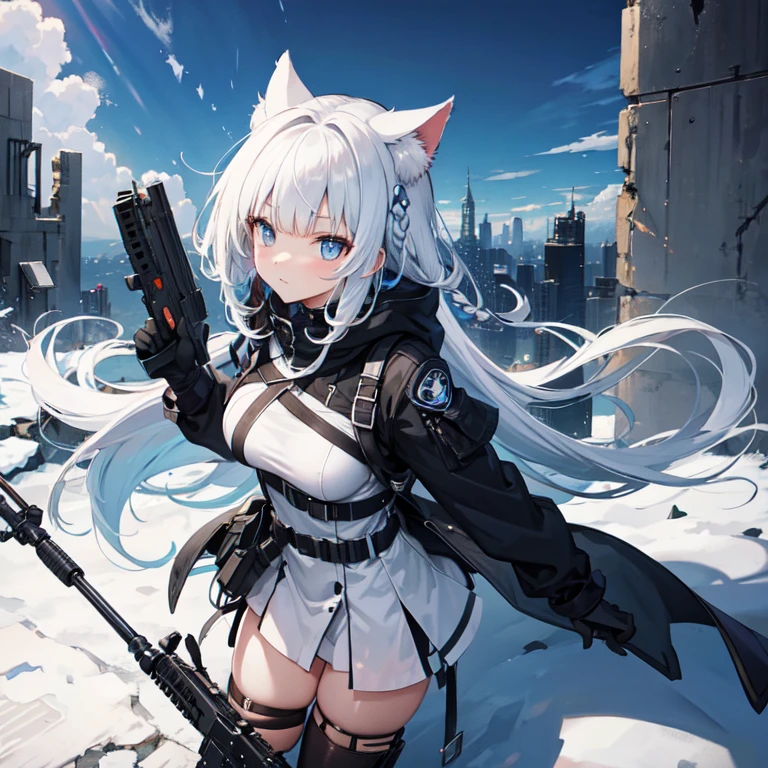 masterpiece, best quality, 1girl, hood up, cat-ear hood, white hair, blue eyes, {{long twin braid}}, {blunt bangs}, shignon, military black wear, apocalyptic world, ruined city, wilderness, high ground, wind, blue gerbera hair accessory, head shot, hold a assault rifle, dynamic angle,