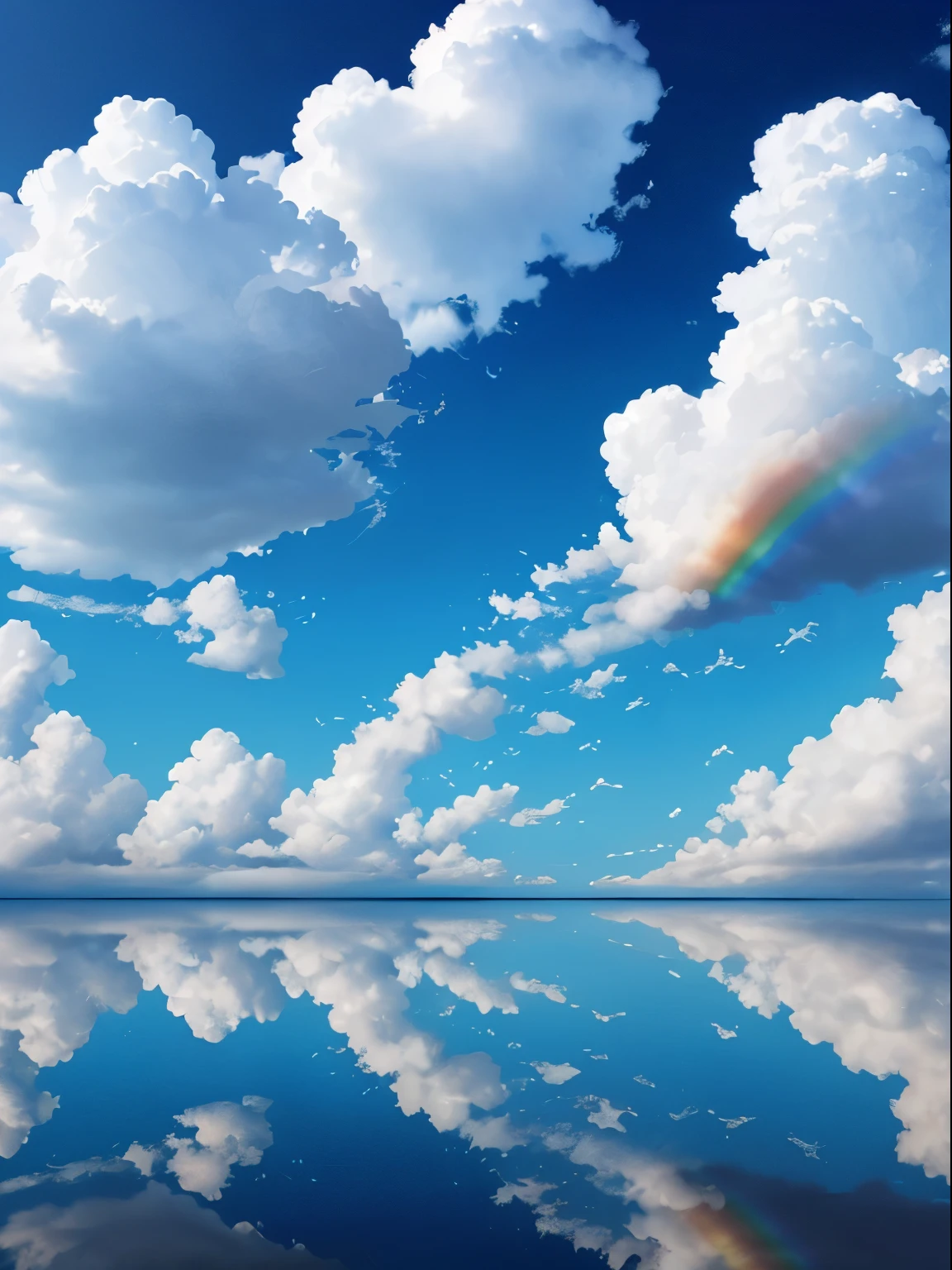 Cloud of Hearts , landscapes , mare, blue-sky , Rainbow clouds , masterpiece, top-quality, (extremely detailed CG unified 8k wallpaper) (top-quality), (The best illustrative colors)、Super Meticulous, blue-sky、Variety of clouds、Wonderfully beautiful、nostalgic、Reflection of the Sun、Natural colors、Scenic、Summer sky、Make blue the basis