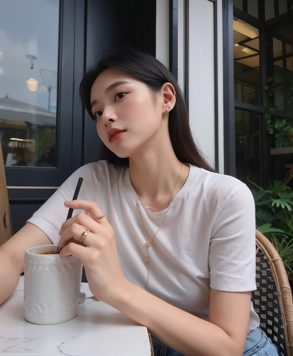 There's a woman sitting at a table with a cup of coffee., a young asian woman, Peinado blanco de corte hime, Luisa Zhang, Xintong Chen, con el pelo corto, 🤤 girl portrait, Gemma Chen, Wenfei Ye, an asian woman, inspirado por Ma Yuanyu, Lulu Chen, con cara redonda, Mujer joven INFP, Gongbi