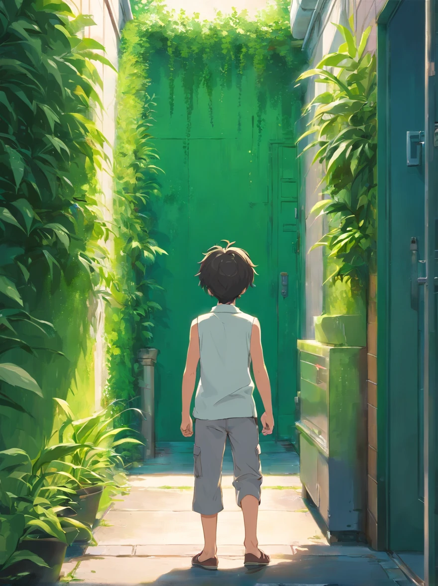 (Top Resolution, Distinct_images) 10 year old boy looking at the green wall, back view of front, Wearing white sleeveless and gray long pants, Short hair