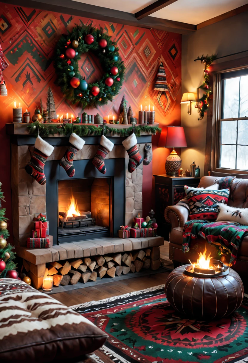 A tribal-themed Christmas living room. (best quality,4k,8k,highres,masterpiece:1.2),ultra-detailed,(realistic,photorealistic,photo-realistic:1.37),HD,tribal patterned walls,tribal-inspired furniture and decorations,holiday-themed tribal art,rich and vibrant colors,cozy fireplace,hanging tribal tapestries,colorful Christmas tree adorned with tribal ornaments,tribal-inspired stockings hanging by the fireplace,tribal animal figurines on the mantel,tribal-inspired Christmas wreath on the wall,tribal-patterned floor rug,warm and inviting lighting,tribal-inspired tribal-patterned pillows and blankets on the couch,the smell of pine and burning firewood filling the air,tribal-inspired tribal-patterned curtains,traditional tribal christmas songs playing in the background.