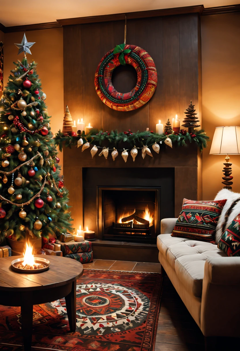 A tribal-themed Christmas living room. (best quality,4k,8k,highres,masterpiece:1.2),ultra-detailed,(realistic,photorealistic,photo-realistic:1.37),HD,tribal patterned walls,tribal-inspired furniture and decorations,holiday-themed tribal art,rich and vibrant colors,cozy fireplace,hanging tribal tapestries,colorful Christmas tree adorned with tribal ornaments,tribal-inspired stockings hanging by the fireplace,tribal animal figurines on the mantel,tribal-inspired Christmas wreath on the wall,tribal-patterned floor rug,warm and inviting lighting,tribal-inspired tribal-patterned pillows and blankets on the couch,the smell of pine and burning firewood filling the air,tribal-inspired tribal-patterned curtains,traditional tribal christmas songs playing in the background.