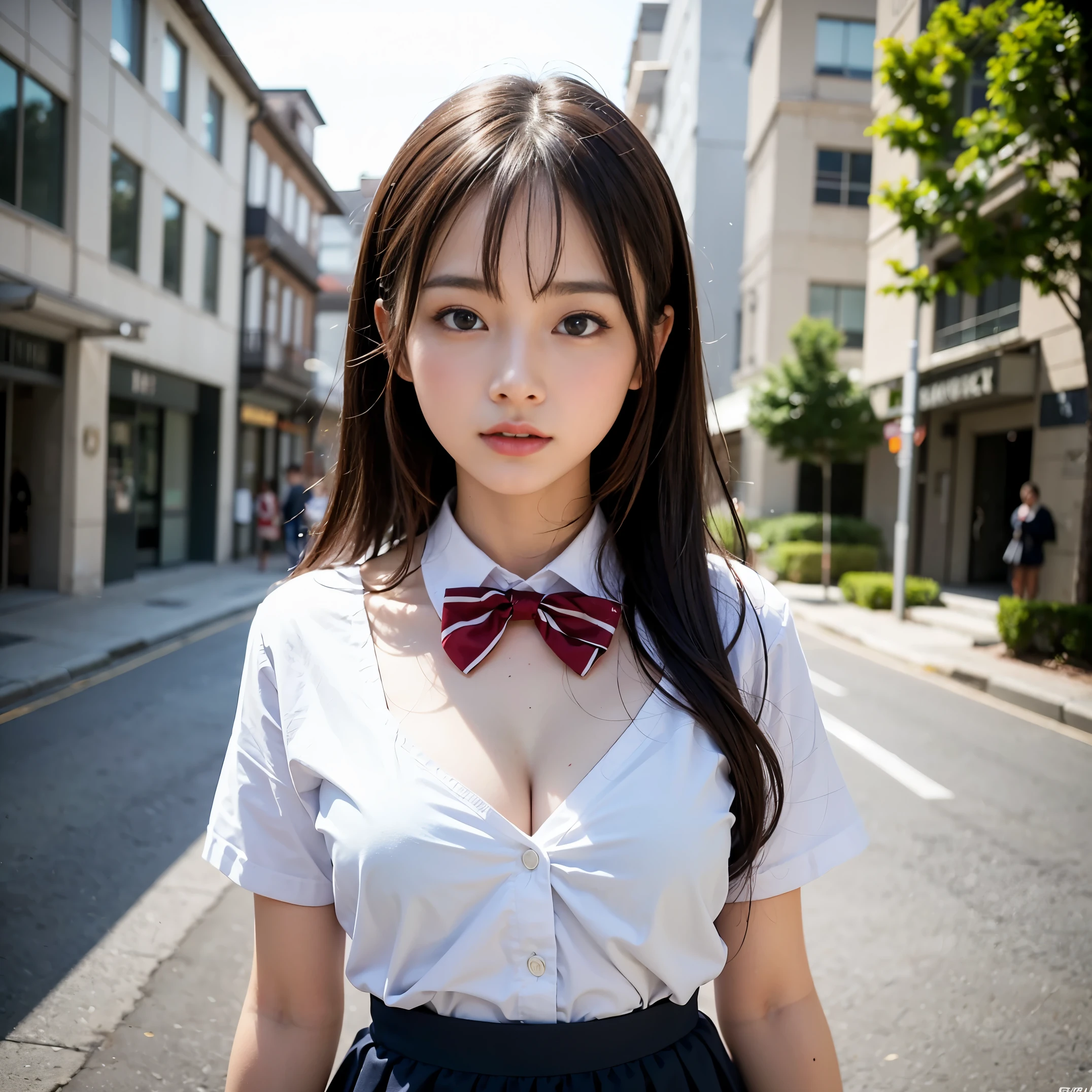 8k, RAW photo, (photorealistic:1.4), (best quality:1.0),  (masterpiece:0.2), (pureerosface_v1:0.5), ((A very cute slender asian schoolgirl in short skirt and bow tie and Micro Mini G-String, Midday in front of Shibuya Station)),  (((Huge breasts :1.2, and droopy breasts:1.4))), ((wearing a white plunging open shirt: 1.5)), (Low angle shot), (highly detailed skin:1.2), (exposed:1.5), (exposed breasts:1.5),  (exposed crotch:1.5), ((wearing school uniform)), a realistic schoolgirl, (a beautiful girl with beautiful small face, beautiful light brown eyes, light brown hair, white skin, Huge soft breasts and beautiful abs, pubic hair), various pose, Ultra-detailed face, Detailed eyes,  ((No closeup)), ((Midday in front of Shibuya Station)),