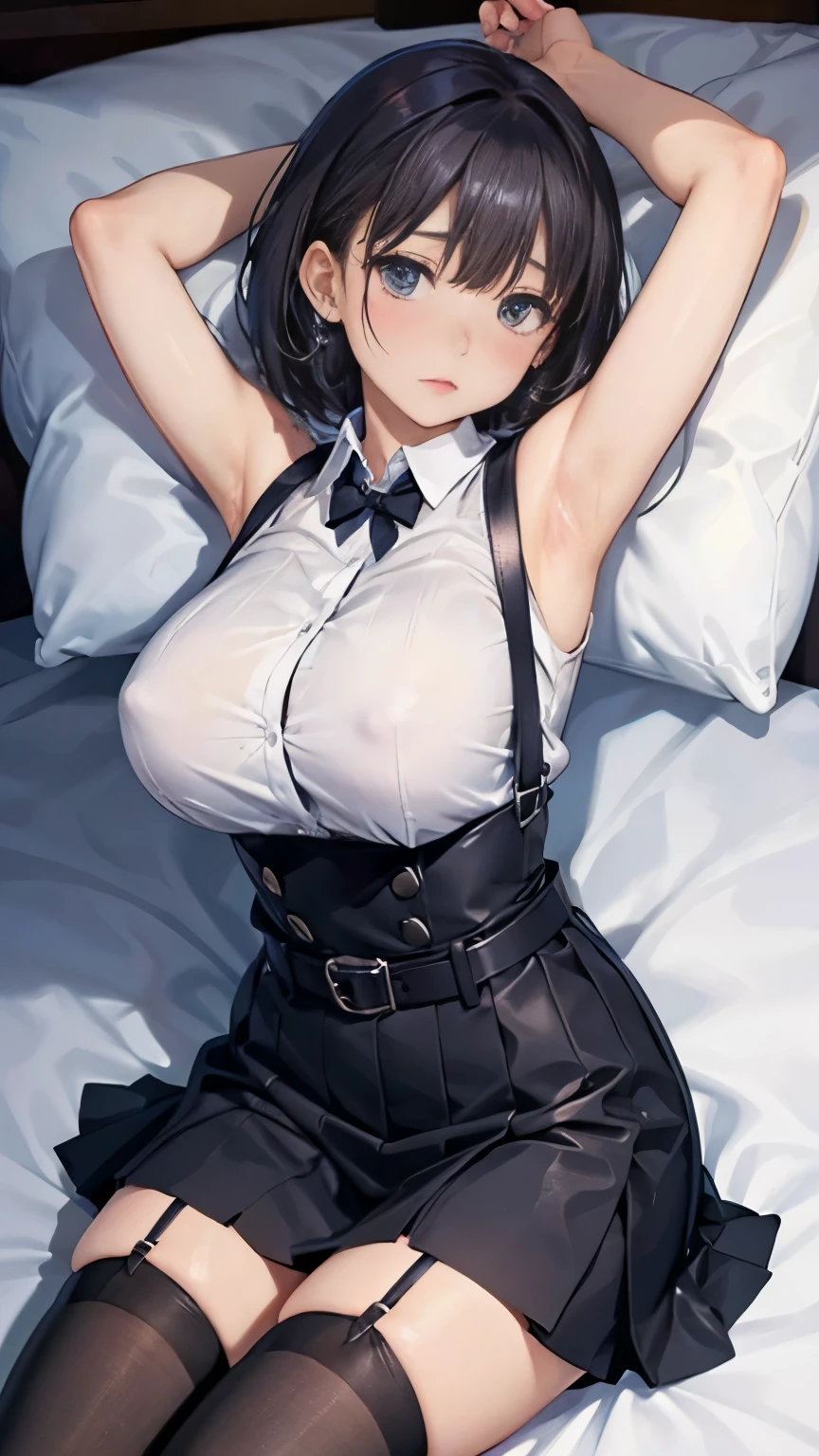 Suit,Collared shirt,Belt bag,Suspenders Black Miniskirt、garterbelts 、knee high 、stocking rack stockings 、Colorcon armpit sweat 、sweat, Side of both hands,Black tank top,Gaze,Colossal tits,Armpit sweat,Exposing the armpits"Tight clothes、raise two hands、Lying in bed、 Behind the back、Forehead Center、short cut hair、Enraptured face
