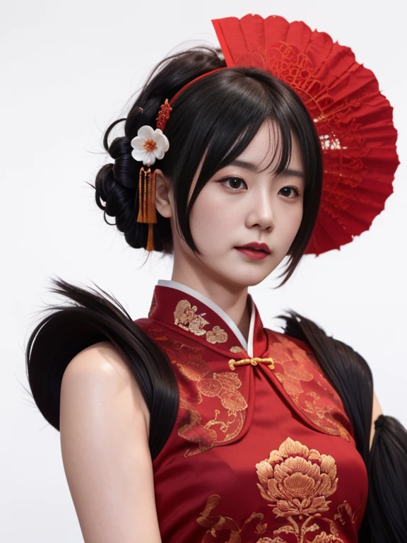 1 girl, Woman, Handsome, inky, chinese armor, ((2.5D)), Black hair, Floating hair, Delicate eyes, black and red antique damask Hanfu, FOV, (F1.8), (masutepiece), (portrait shot), Front shot, White background, (Cinematic poster)