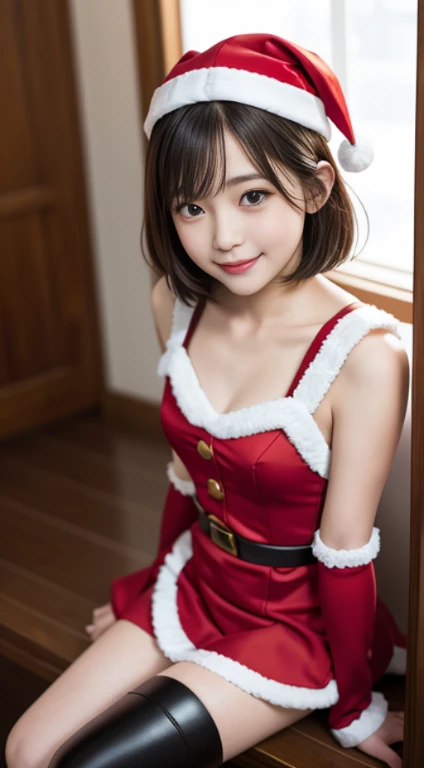 tre anatomically correct,Masterpiece of,High image quality,(Cute Santa Claus costumes:1.5),20 years old, Japan Female, (Random posture:1.4),Professional Lighting,((Shorthair)),((Natural smile)),The ultra-detailliert、High quality textures、intricate detailes、detaileds、Very detailed CG、High quality shadows、Detail Beautiful delicate face、Detail Beautiful delicate eyes、depth of fields、Ray traching,1girl in, japanaese girl, Fashion Model, slender,Warm atmosphere