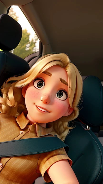 Blonde girl in a brown blouse inside a car wearing a seat belt