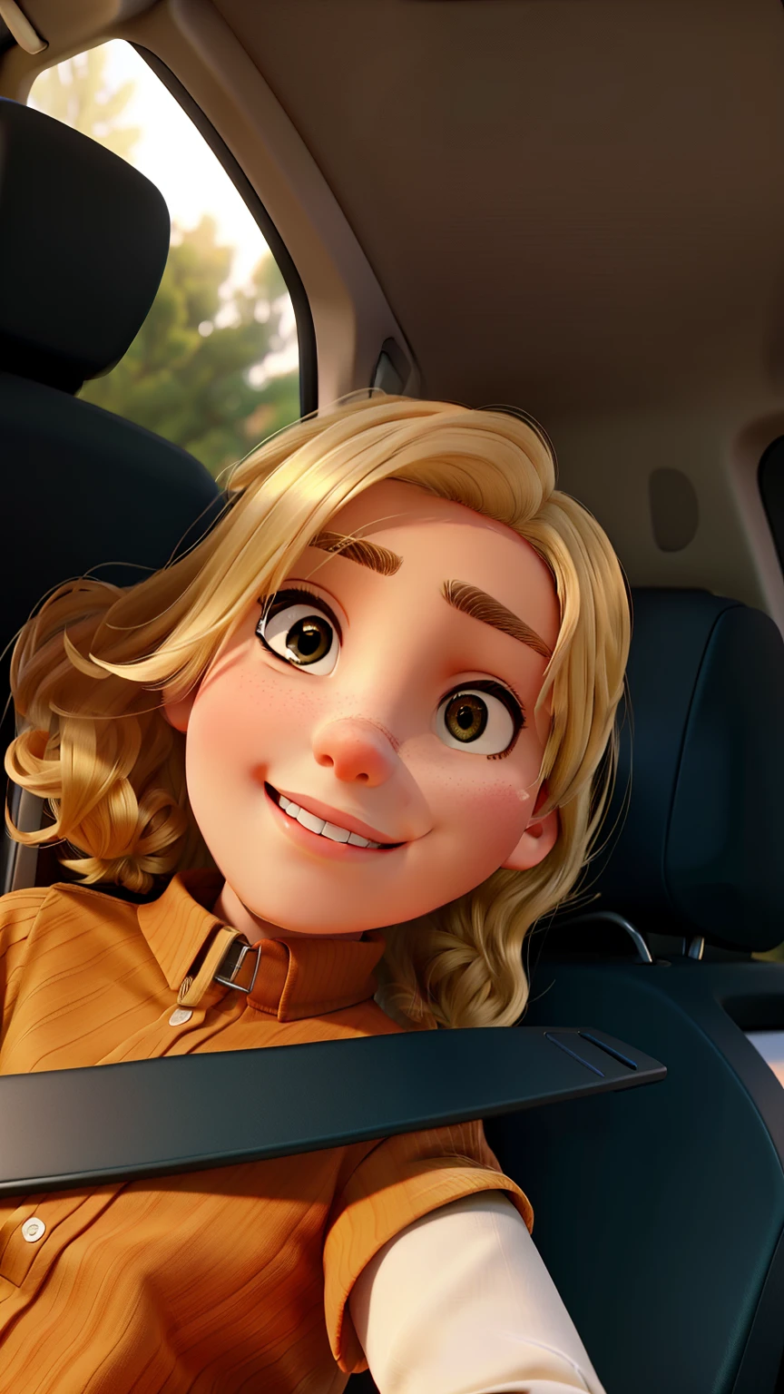 Blonde girl in a brown blouse inside a car wearing a seat belt