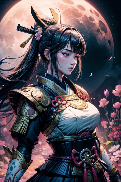 A samurai sensual woman upper body in a moonlit garden, back facing camera, adopting a very peacefull pose that balances strength and beauty, her traditional attire catching the night breeze, the scene accentuated by colored flowers around her, Illustration, watercolor on textured paper, top quality, massive detailed, Ultra detailed, unreal resolution, masterpiece, 8k
