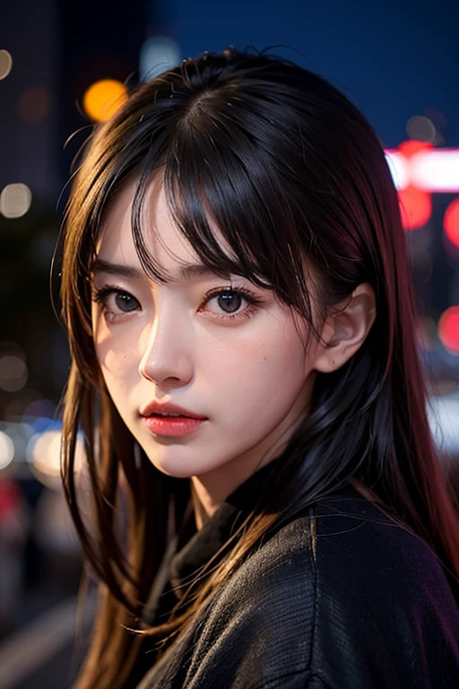 1girl, Tokyo street,night, cityscape,city lights, upper body,close-up, 8k, RAW photo, best quality, masterpiece,realistic, photo-realistic,