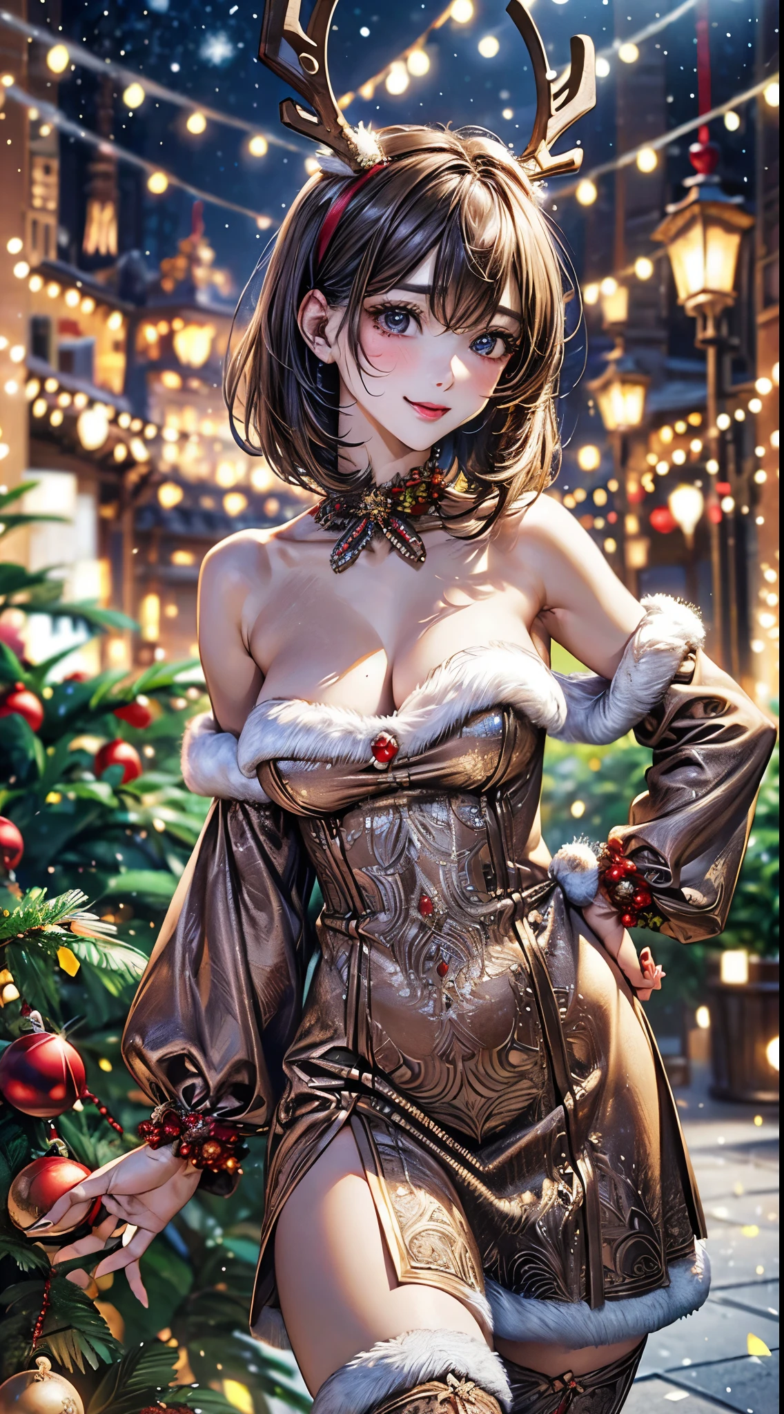 (masterpiece:1.2, top-quality), (realistic, photorealistic:1.4), beautiful illustration, NSFW, looking at viewer, cowboy shot, front view:0.8,
1 girl, japanese, high school girl, beautiful hair, beautiful face, beautiful detailed eyes, (short hair:1.2, bob cut:1.2), bangs, hair between eye, light brown hair, blue eyes, mole under eye,
beautiful clavicle, beautiful body, beautiful chest, large breasts:0.8, beautiful thighs, beautiful legs, beautiful fingers, bare thighs, (thick thighs, large valleys),
(beautiful scenery), christmas night, outdoors, (christmas tree:1.3),
((wearing reindeer costume, symmetrical clothing, metallic light brown reindeer hair band, reindeer dress, reindeer boots, bare shoulders), reindeer collar with bell),
(swollen), ((seductive posture:1.2, attractiveness:1.2)),
(erotic, sexy, upper eyes, laugh), shiny skin, walking,
celebration, exquisite details, exciting surprises, shiny ornaments, sparkling tinsel,
anticipation, festive mood, magical ambiance, delightful moment, wonderful memories, christmas magic, extravagant, abundance of presents,
perfect face, cute and symmetrical face, natural side lighting, movie lighting), depth of fields,