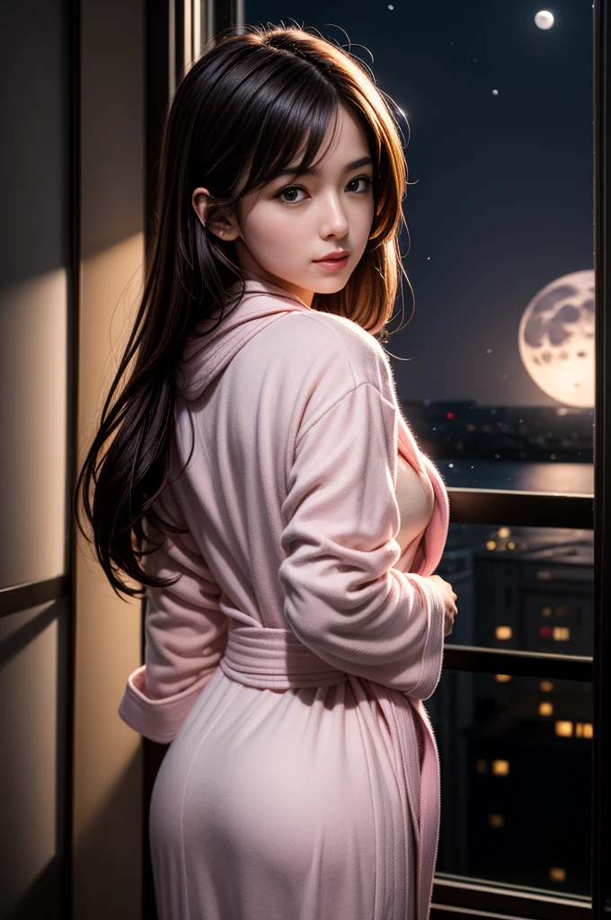 (Photoreal Stick:1.5, masutepiece:1.5, 8K), (top-quality, masterpiece, 超A high resolution), Perfect dynamic composition, Professional camera work:1.4, Highly detailed skin and facial texture:1.3, Mystical portrait:1.3, Grow Light Effect, The ultra-detailliert, 1girl in, ((Night view from inside the building, Pitch black room:0.9, The moonlight at night shines through the glass)), (Pink bathrobe), Model body type, Clear face, (Beautiful and seductive eyes:0.9, Enraptured look:1.0, i love you completely:0.8, A mouthfeel that feels beautiful eros:0.7), (Wet dark brown medium hair), the chest is medium, a necklace, (Leaning against the window, Sit up), ((seductiv))