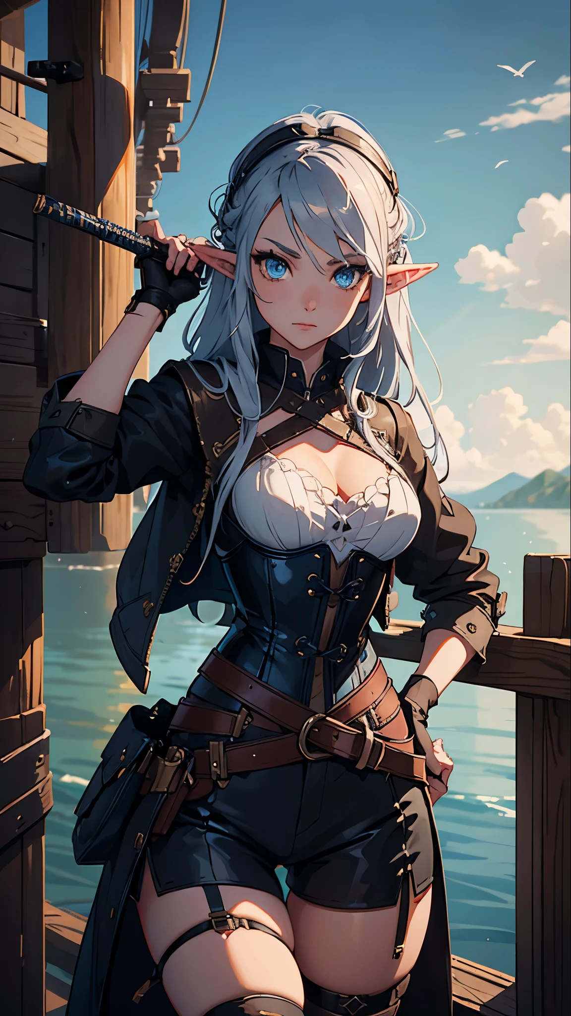 masterpiece, high quality, illustration, extremely detailed, cg unity 8k, medieval town, 1_woman, full body, standing on the deck of a ship, clouds, lake, (exotic skin_complexion:1.4),mature, statuesque, tall, beautiful, exotic, with long elf ears, looking to the side, two toned hair, long silver hair with blue hair underneath, detailed face having diamond shaped eyes, (blue_eyes), (dark_eyeliner), long_eyelashes), medium_bust, thigh_gap, wearing Steampunk corset, chest window, brown shorts, crossing belts, (goggles on head), red tinted goggle lenses, long fingerless_gloves, belts with metal gears, katana sword on hip, hands on hips, black thigh highs with embroidery, dynamic lighting casts detailed shadows, by canon dos, sigma art lens 35mm f1.4, iso 100 shutter speed 2000, perfect hands,