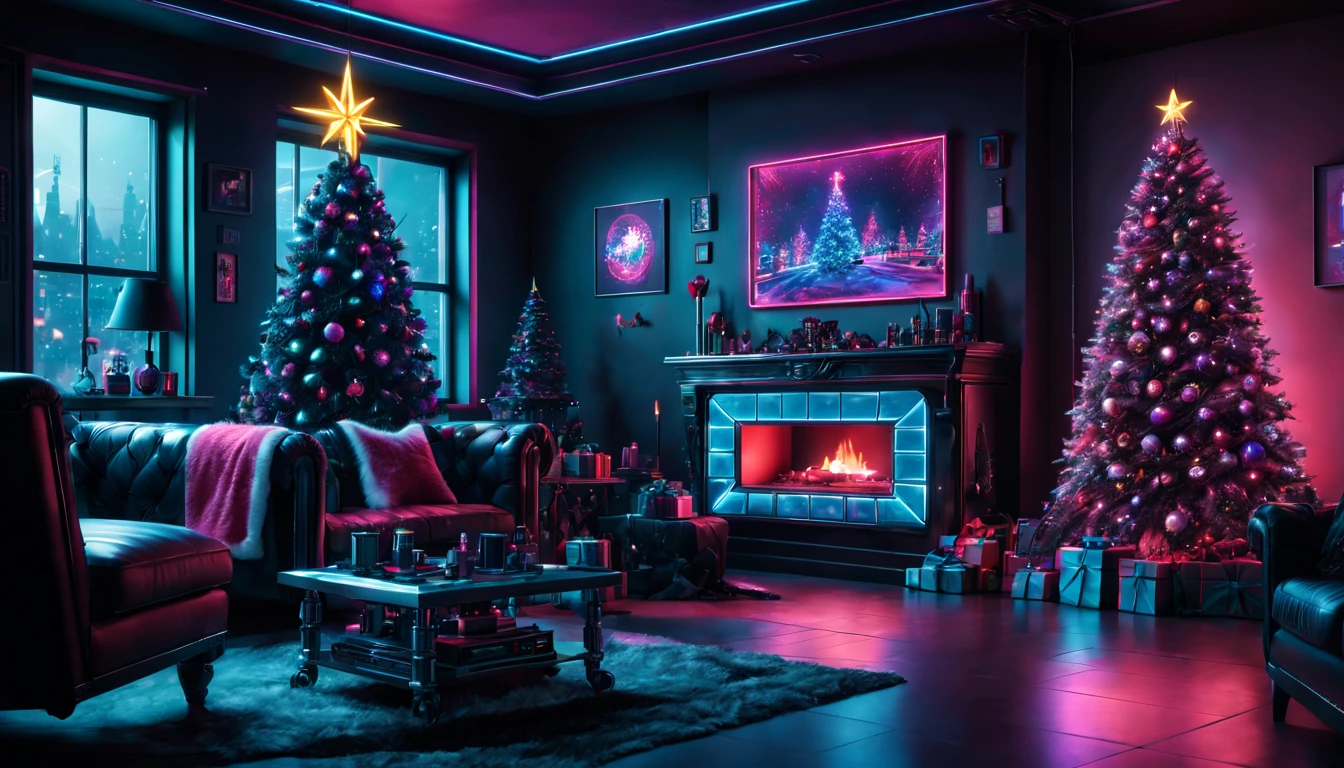 (best quality,4k,8k,highres,masterpiece:1.2),ultra-detailed,(realistic,photorealistic,photo-realistic:1.37),cyberpunk,Christmas-themed,living room,neon lights,punk elements,futuristic furniture,festive decorations,punk Christmas tree,ornaments,glowing,cybernetic implants,sleek,metallic surfaces,glass panels,reflective surfaces,punk-style fireplace,artificial snow,shimmering,punk fashion,cybernetic Santa Claus,high-tech gadgets,sparkling lights,tech-inspired Christmas stockings,vivid colors,enhanced reality projection,musical holograms