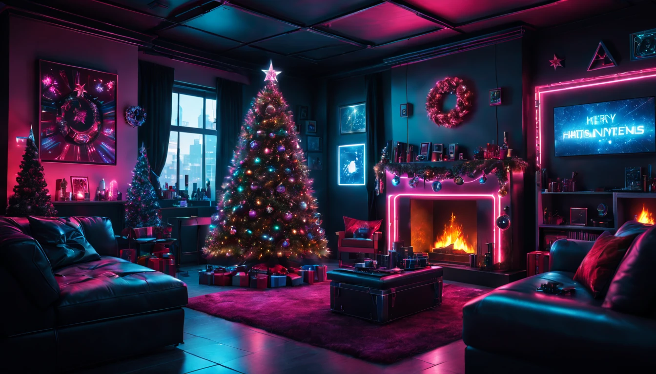 (best quality,4k,8k,highres,masterpiece:1.2),ultra-detailed,(realistic,photorealistic,photo-realistic:1.37),cyberpunk,Christmas-themed,living room,neon lights,punk elements,futuristic furniture,festive decorations,punk Christmas tree,ornaments,glowing,cybernetic implants,sleek,metallic surfaces,glass panels,reflective surfaces,punk-style fireplace,artificial snow,shimmering,punk fashion,cybernetic Santa Claus,high-tech gadgets,sparkling lights,tech-inspired Christmas stockings,vivid colors,enhanced reality projection,musical holograms