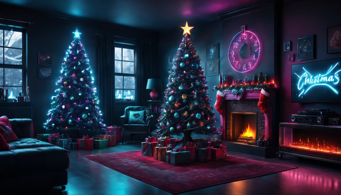 (best quality,4k,8k,highres,masterpiece:1.2),ultra-detailed,(realistic,photorealistic,photo-realistic:1.37),cyberpunk,Christmas-themed,living room,neon lights,punk elements,futuristic furniture,festive decorations,punk Christmas tree,ornaments,glowing,cybernetic implants,sleek,metallic surfaces,glass panels,reflective surfaces,punk-style fireplace,artificial snow,shimmering,punk fashion,cybernetic Santa Claus,high-tech gadgets,sparkling lights,tech-inspired Christmas stockings,vivid colors,enhanced reality projection,musical holograms
