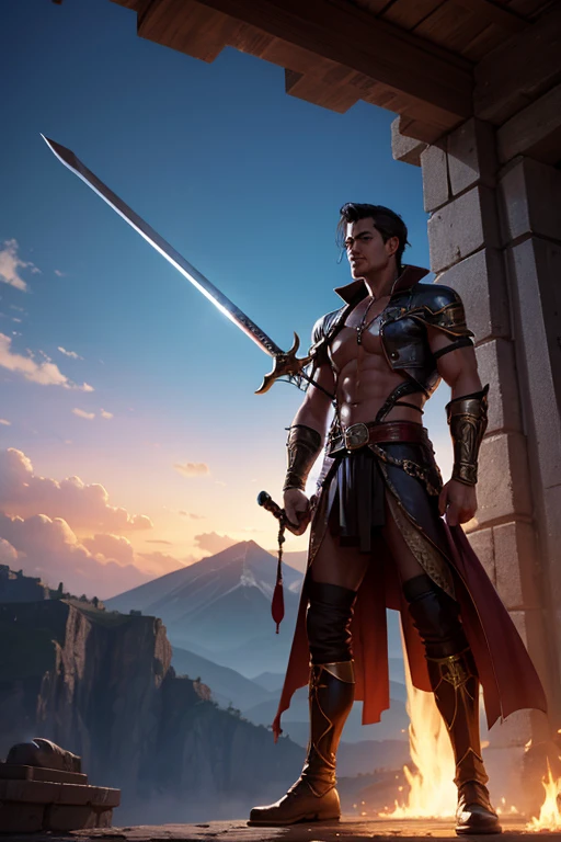 The background is a temple　the person is a demon　I have a sword　stabbed with a sword
