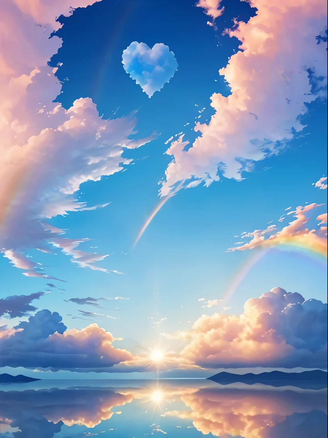 Cloud of Hearts , landscapes , mare, blue-sky , Rainbow clouds , ​masterpiece, top-quality, (extremely detailed CG unified 8k wallpaper) (top-quality), (The best illustrative colors)、Super Meticulous, blue-sky、Variety of clouds、Wonderfully beautiful、nostalgic、Reflection of the Sun、Natural colors、Scenic、Summer sky、Make blue the basis