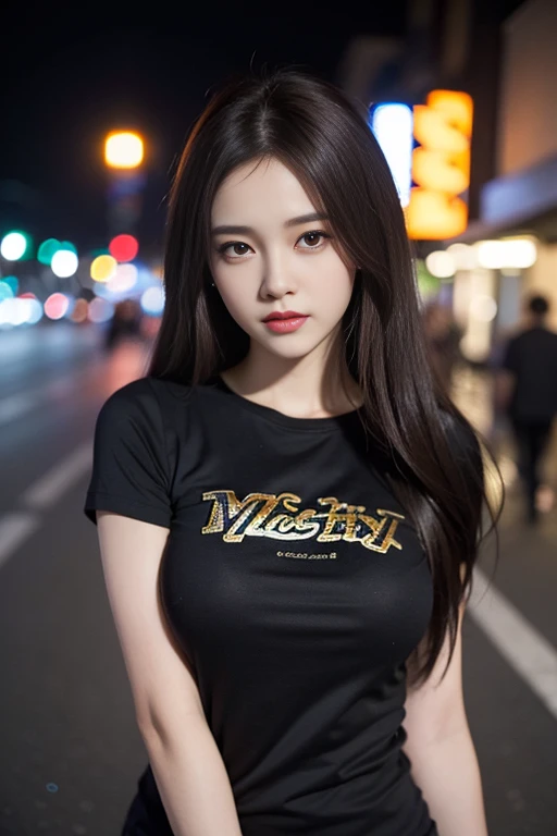 (Best quality, High resolution, Masterpiece :1.3), A pretty woman, Slender figure, Dark brown hair, T-shirt, (Street in city at night), Highly detailed face and skin texture, Detailed eyes, Double eyelid