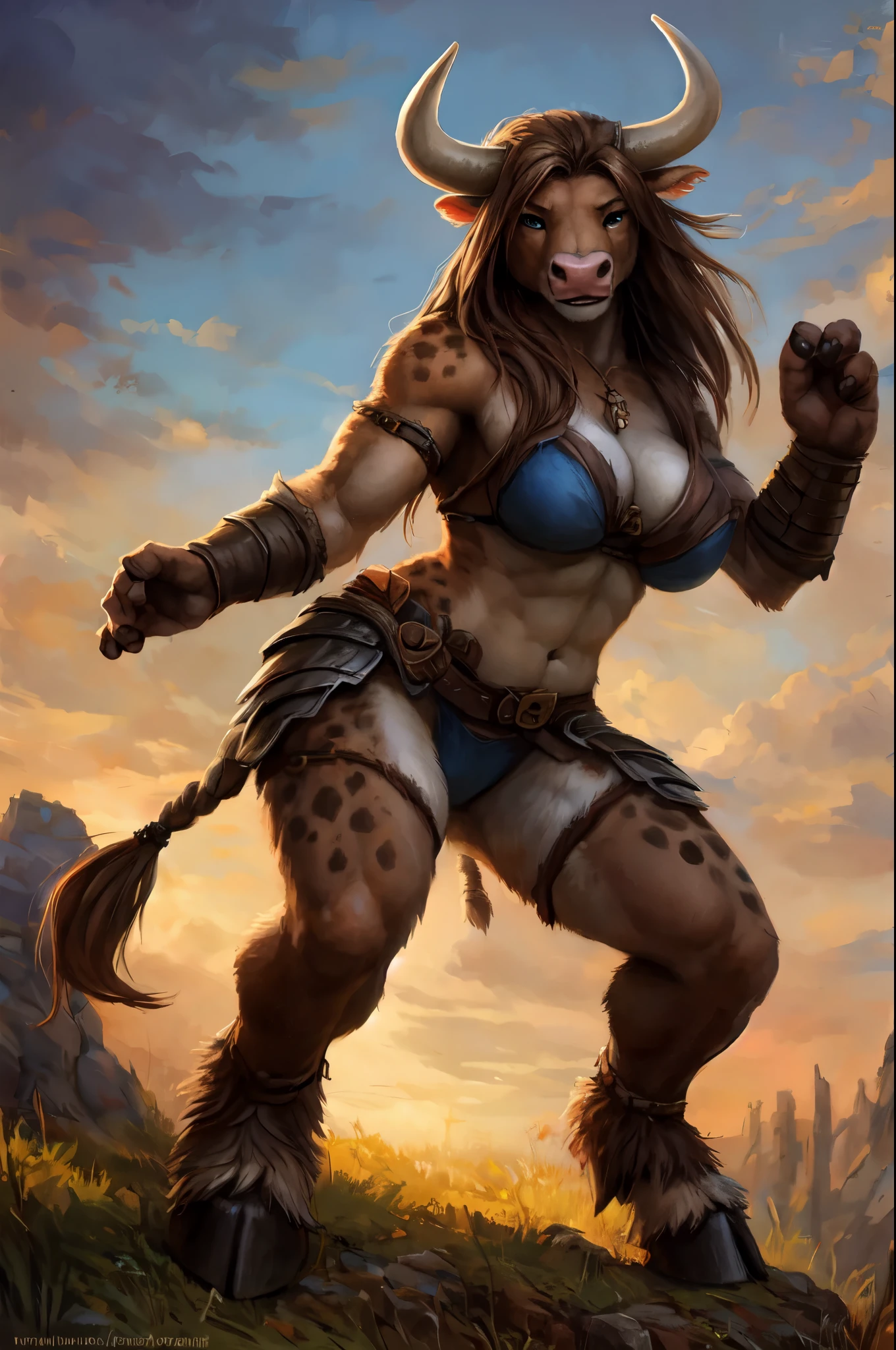 Cow girl, big chest, day, sexy, sensual, detailed, uploaded to e621, beautiful and detailed portrait of an powerful anthropomorphic cow ((female))) kenket, ross tran, ruan jia, uploaded to e621, zaush, foxovh, fur, White fur, Brown spots on the body, movie lighting, standing, open legs, long hair, Half down hair with side braids, lagertha hair, viking hair, Brown hair, muscular female, muscular, large body, huge breats, epic realism, White skin, Large neckline, Full body, Minotaur female, Hooves on feet, datailed face, Detailed eyes, beautiful eyes, three fingers, day, Light against the face, ambient light, Open field, plain, bikini armor, armored, armor