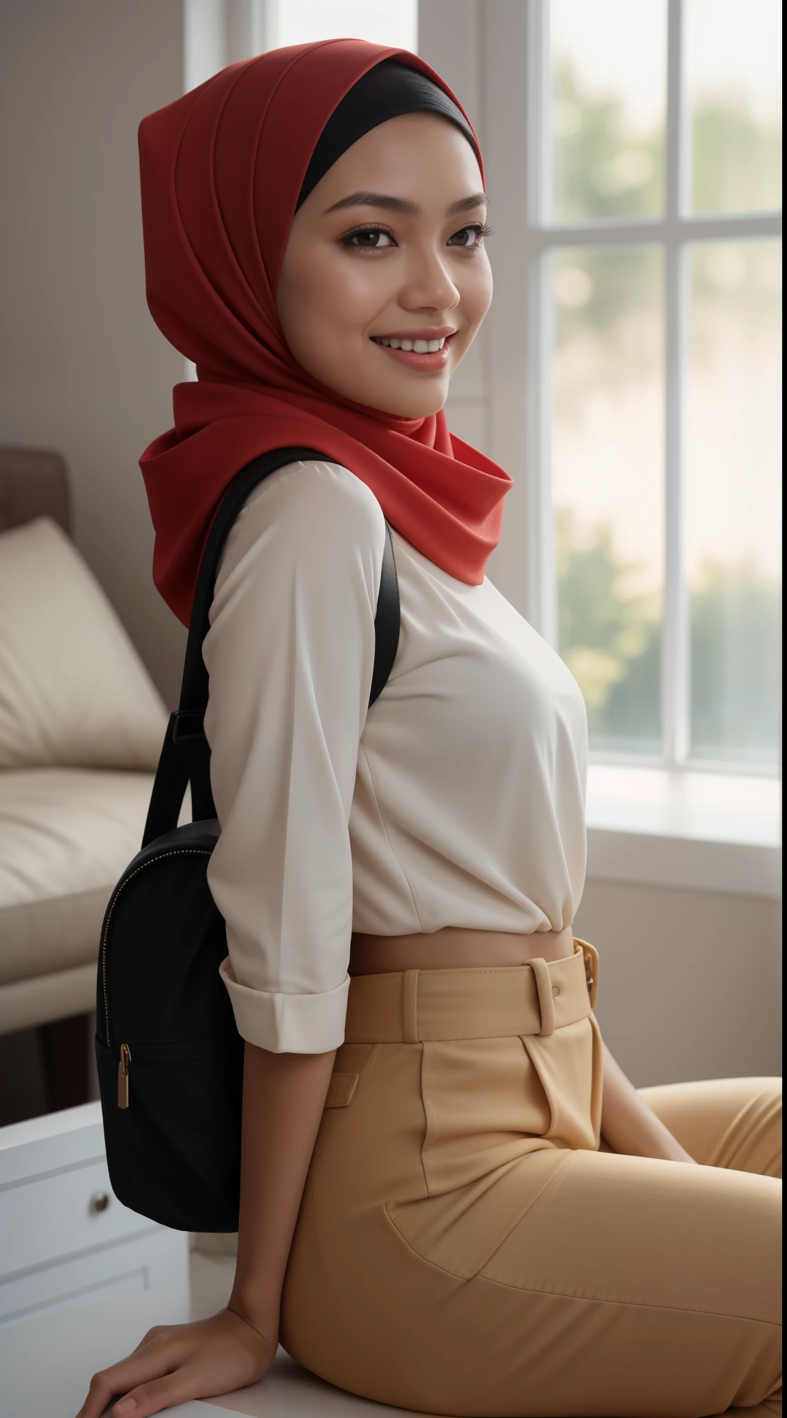 Malay girl in red hijab wear big oversized white peplum blouse and high waist loose cotton pants, pastel color, seating, wear back pack, front view, detail skin, detail skin texture, mole below eyes, small breast, big hip, big waist, big thigh, slim abs, beautiful body, evening, laughing, happy, bright lighting, blur background, bokeh,Super 8mm lense, Extreme close-up, deep focus cinematography effect, Natural Lighting, pastel color grading, high quality, ultra detail, 8k resolution