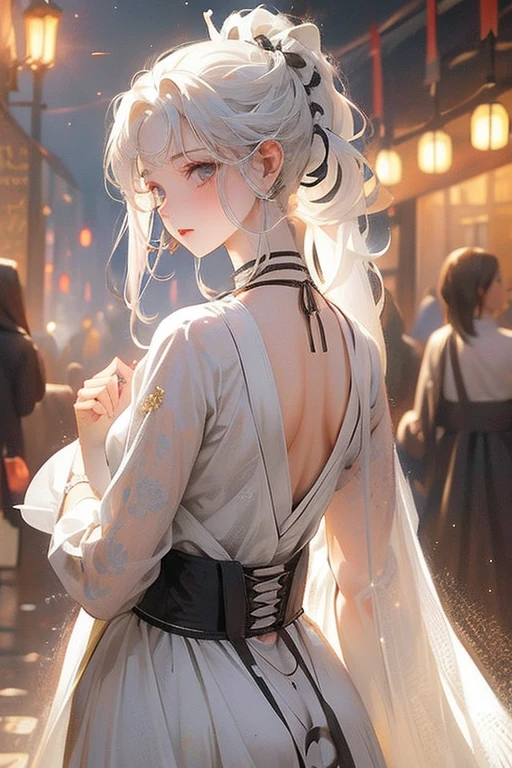 girl, white hair, pony tail , black eyes, dress
