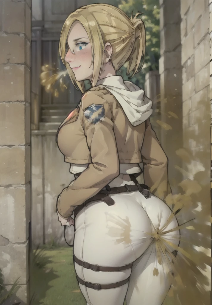 ((annie leonhart)),((velocity)),Attacked by farts, (((Women stand)),smiled,velocity,((classic town hall)),((One Woman)),((fart while stand),her butt facing screen,fullbody,blue eye,detailed eyes,blushing)),(​masterpiece:1.2、top-quality)、(the Extremely Detailed CG Unity 8K Wallpapers、ultra-detailliert、Best Shadows)、(细致背景)、(The best lighting、extremely delicate and beautiful)、depth of fields、1girl in、独奏 ,Women wear  scout outfit,Ephemeral,,(blonde),(scout regiment outfit)),((((Girl  embarassed when she smells the bad smell of farts)))),outfit like a scout regiment,((((profile facing diagonally)),((massive fart))