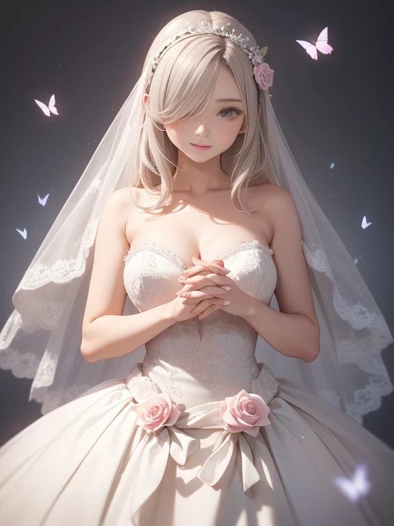 silber hair,butterflys,Long grey hair,Light pink wedding dresses,8k wallpaper,detailedbackground,Highest high resolution,Deep V Big,Hair covering one eye,Bandeau Wedding Dress,chies,white roses and pale pink roses,tight fitted,Stockings,(((perfect and cute hands)))