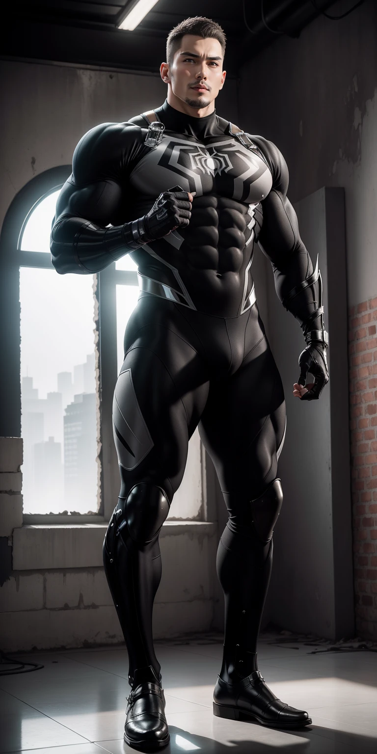The tall and muscular black Spider-Man, who is 2 meters tall, opens his mouth and shouts,He opened his mouth wide,character design(Resident Evil - Chris Redfield)Wearing a shiny dark gray wetsuit,The whole body is wrapped,High-end leather texture,Regular symmetrical texture pattern,Standing alone in an abandoned factory, Bright sunlight shines on the soft sofa上,expression sad,A hero with deep and charming pupils,heroic masculine pose,Tall and burly,musculous!Sexy and attractive leg muscles,tall, Burly, and strong, Wearing a shiny dark gray wetsuit, Super gain and cool, commission for high resolution, Big feet in dark gray boots,Charming strong man,Bright sunlight shines on the soft sofa,Reflective and shiny