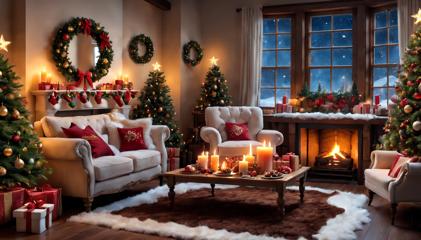 Christmas living room, magical chocolate candy, cozy fireplace, sparkling Christmas tree, enchanting decorations, joyful atmosphere, warm and inviting, festive holiday spirit, cozy armchair, soft and fluffy carpet, elegant ornaments, shimmering lights, vibrant colors, mouth-watering treats, delectable chocolate aroma, delightful surprises, whimsical ornaments, cheerful laughter, twinkling stars, snow-covered window, festive music, heartwarming moments, joyful children, excitement and wonder, glowing candles, cozy and intimate, magical ambiance, happy memories, captivating storybook scene, sparkling snowflakes, chocolate fountain, sweet dreams, cheerful stockings, vibrant presents, enchanting snow globe, sugar and spice, delightful hot cocoa, joyful anticipation, magical evening, joyful celebration.

(best quality,4k,8k,highres,masterpiece:1.2),ultra-detailed,(realistic,photorealistic,photo-realistic:1.37), warm color tones, soft and warm lighting, cozy and inviting ambiance.