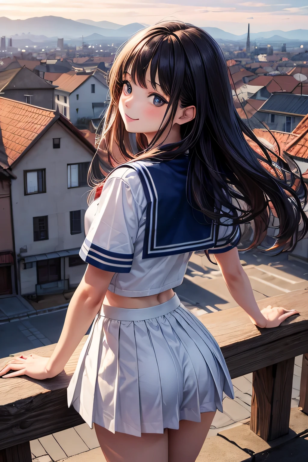Very cute and beautiful girl,Teen,(very detailed beautiful face and eyes:1.2),Seifuku,Smile,(Navy blue pleated mini skirt),
Cowboy Shot,(Looking back,from behind),Leaning forward,From below,White panties,
many european houses with red roofs,(Town overview),Detailed landscapes,
Black hair,(Best Quality,masutepiece:1.2),Intricate details,Extremely detailed,8K resolution,Solo,Natural lighting,
Hair fluttering in the wind,Beautiful detailed sky,